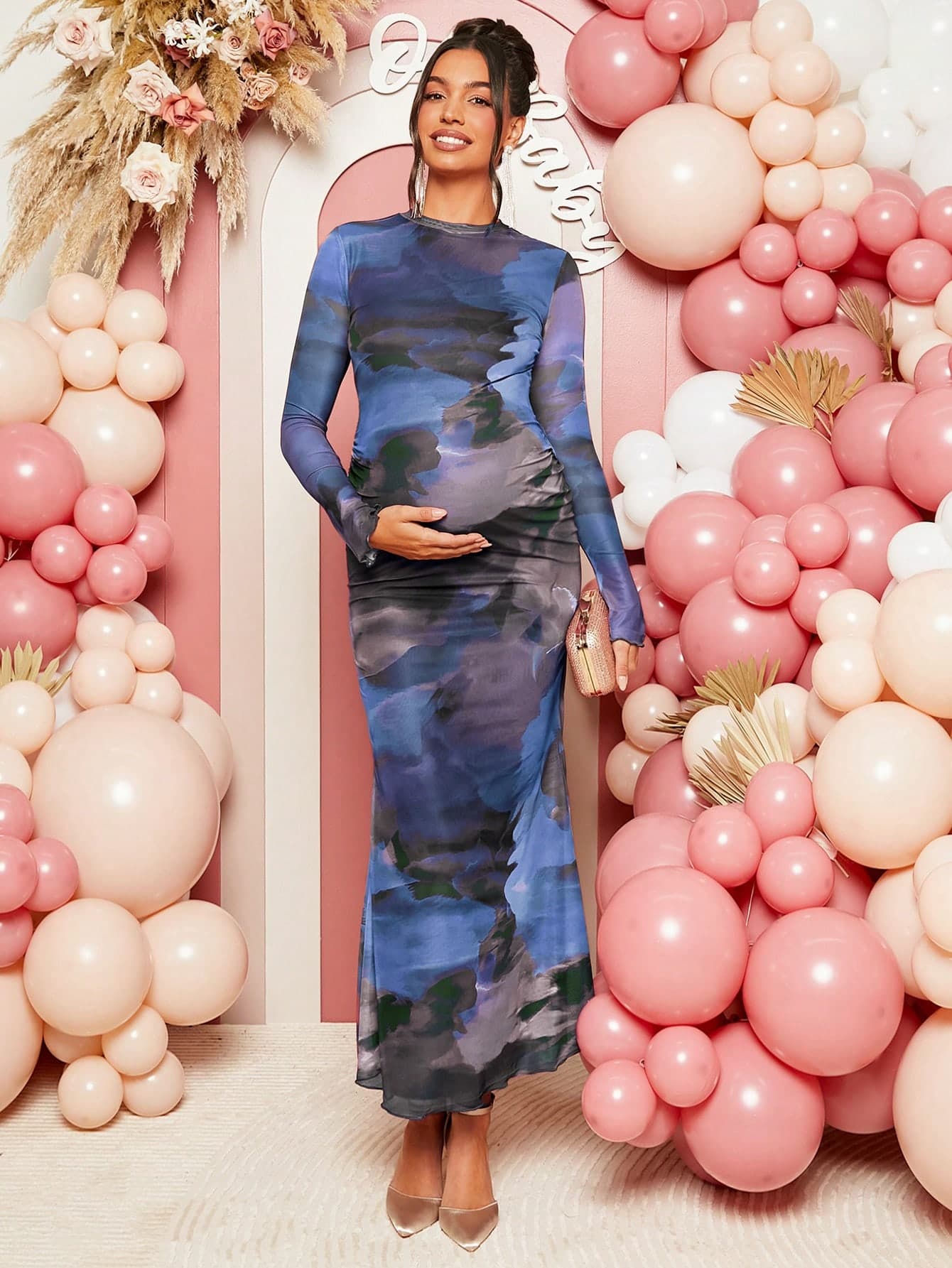Loomaby Maternity Elegant Tie Dye Long Sleeve Fish Tail Hem Dress