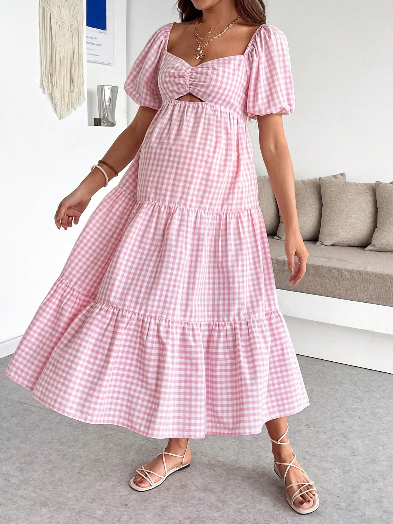 SHEIN Maternity Plaid Sweetheart Neck Ruffle Hem Casual Dress, For Baby Shower Party