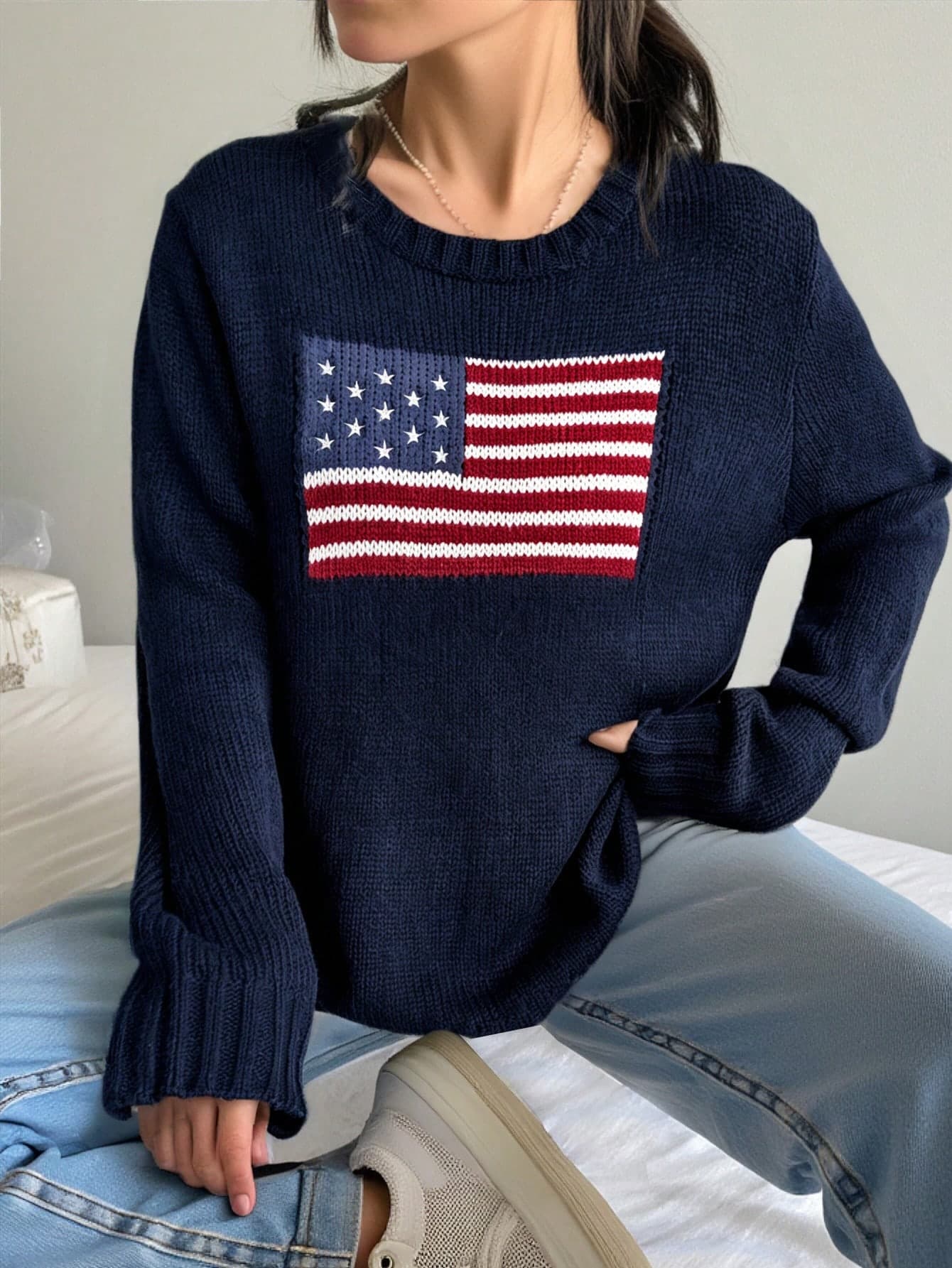 SHEIN Navy Blue Winter Y2k Graduation Day Oversized Crew Neck Flag Pattern Pullover Autumn Sweater,Teen Girl Clothing Loose Fit Retro Thermal Knitwear