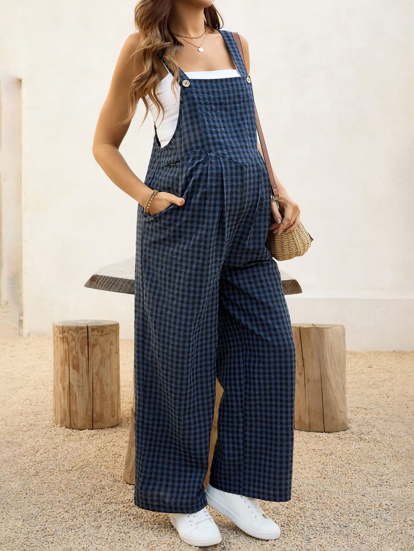 SHEIN Gasaul Vacation Plaid Wide Leg Maternity Jumpsuit Fall