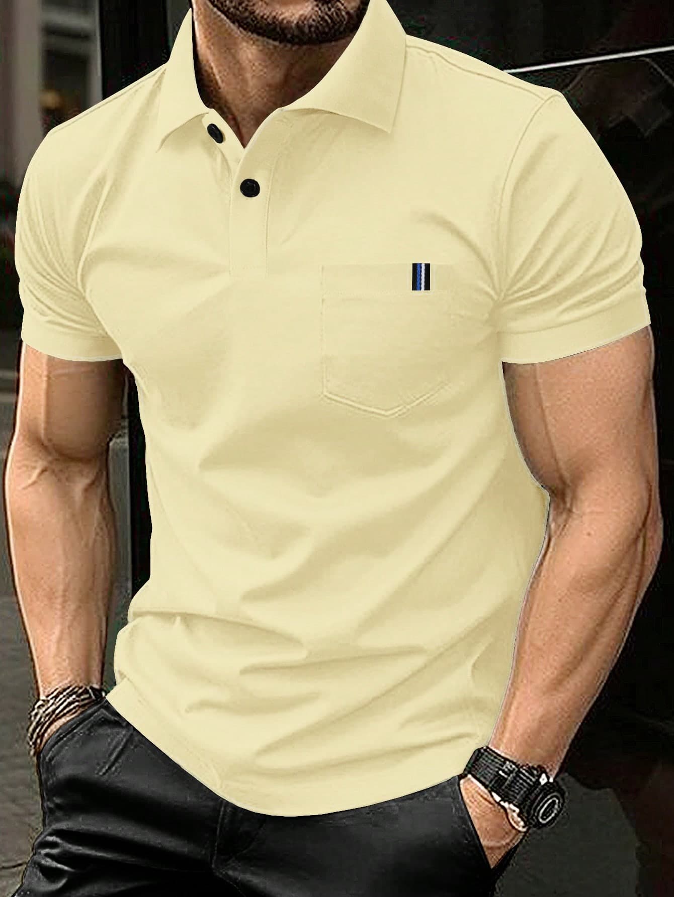 Manfinity Homme Men's Solid Color Pocket Short Sleeve Casual/Commuting Polo Shirt, Formal