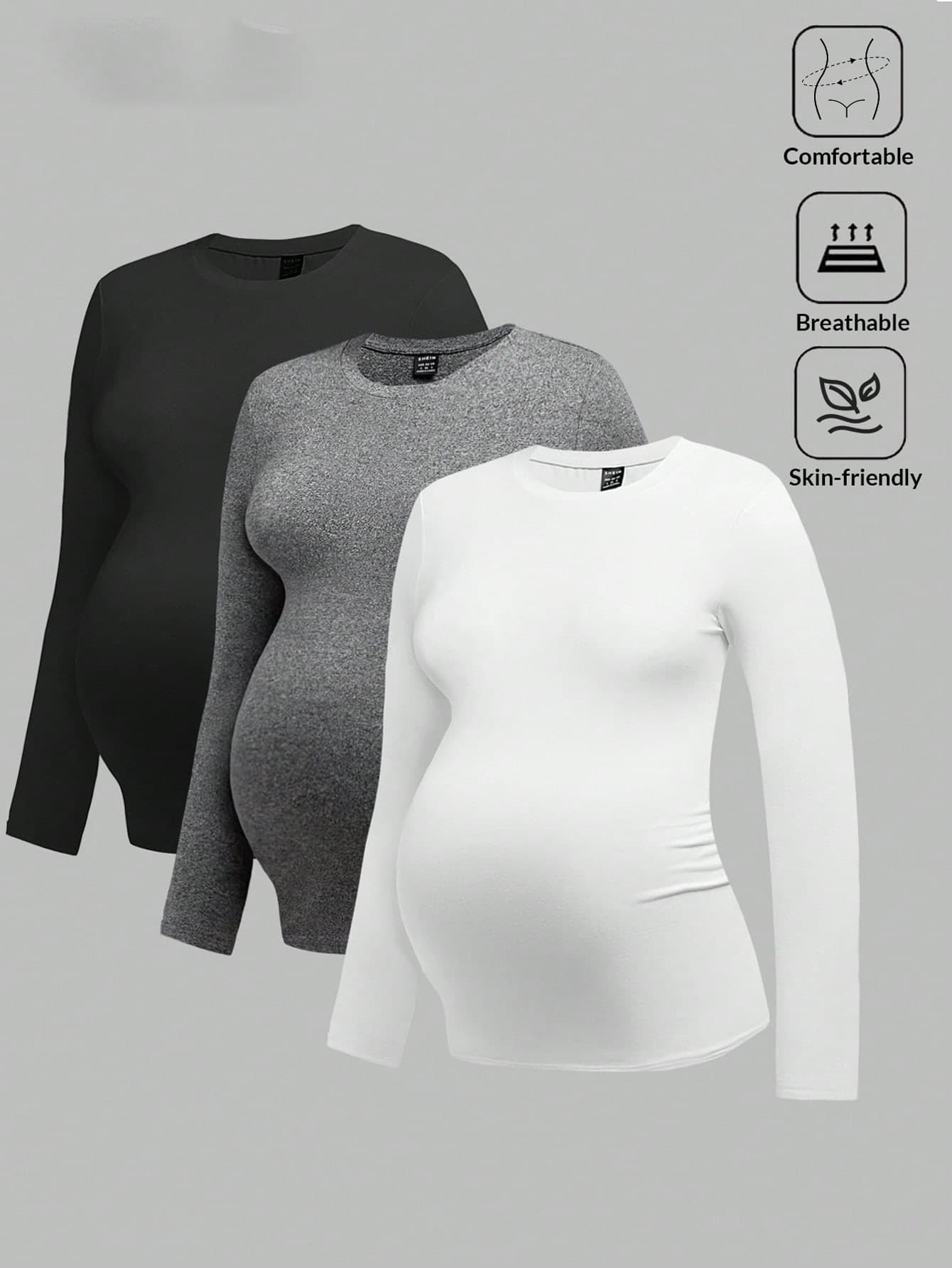 Modmama 3pcs/Set Maternity Casual Round Neck Long Sleeve Fitted Pregnancy T-Shirt Fall