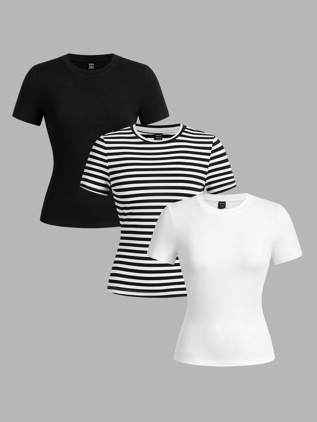 SHEIN EZwear 3pcs Women's Crew Neck Solid Striped Casual Tight-Fitting Short Sleeve T-Shirt Set Suitable For Going Out