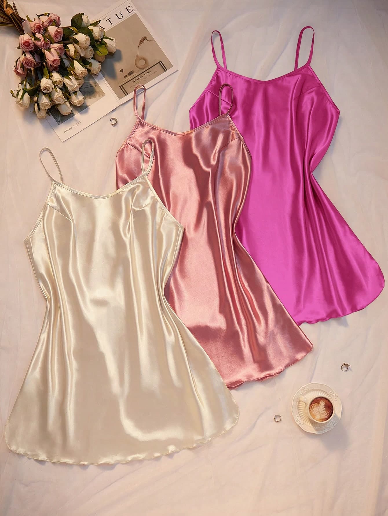 SHEIN 3pcs/Set Plus Size Faux Silk Dresses With Side Slits, Assorted Colors