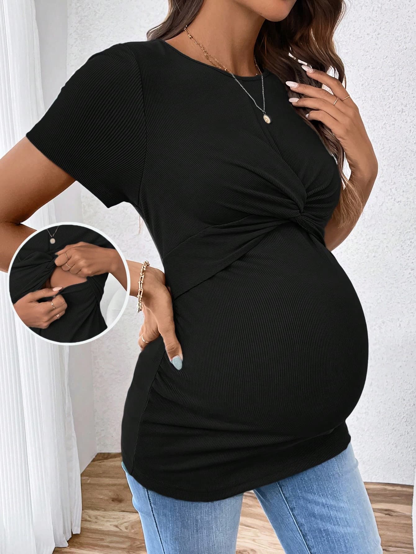 SHEIN Maternity Casual Crew Neck Slim Fit Maternity Nursing T-Shirt, Short Sleeve Black World Cup