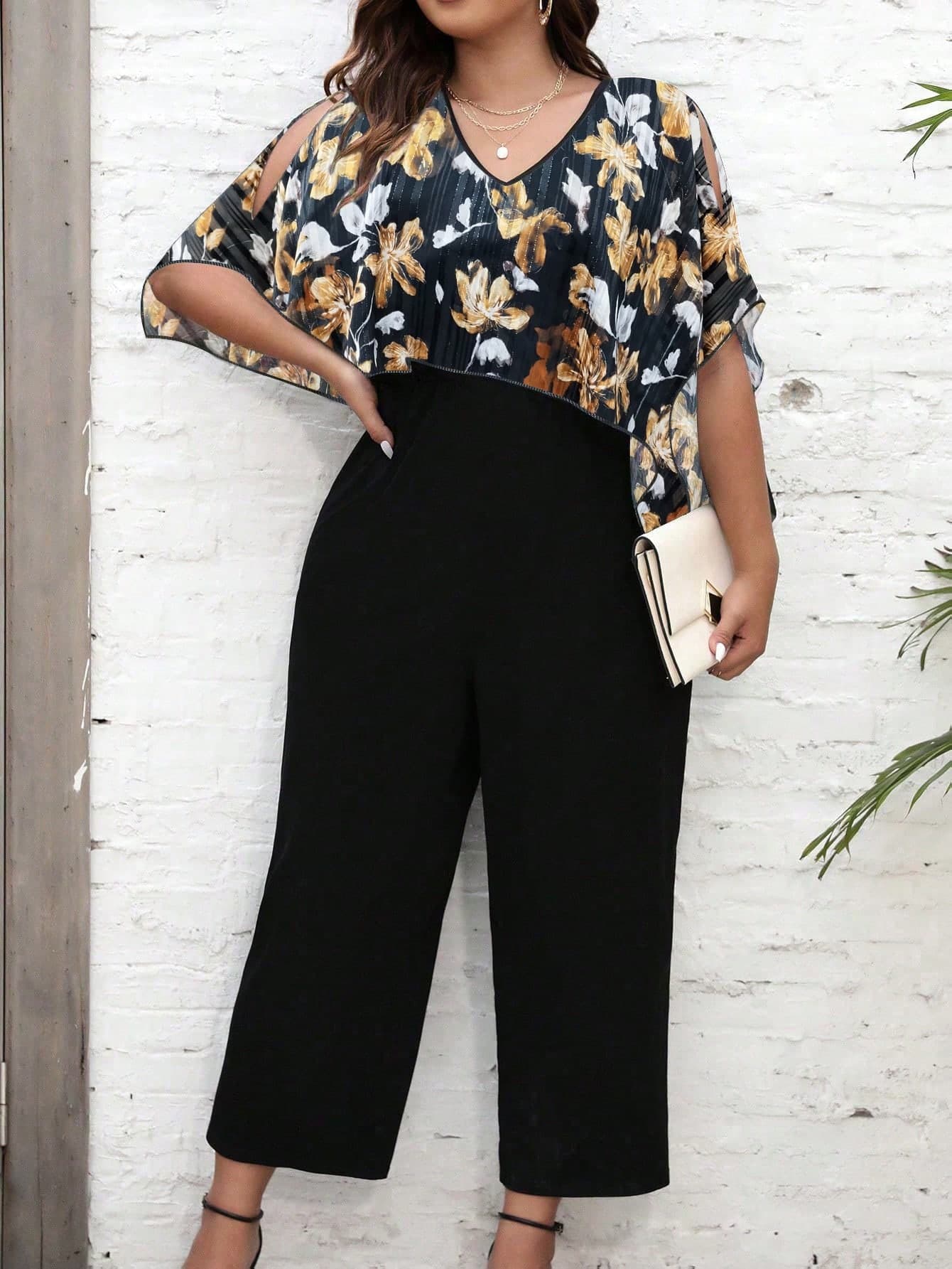 SHEIN Clasi Plus Size Women's Summer Stylish Chiffon 2 Pieces Set, Loose Printed Sleeveless Camisole & Hollow Out Jumpsuit
