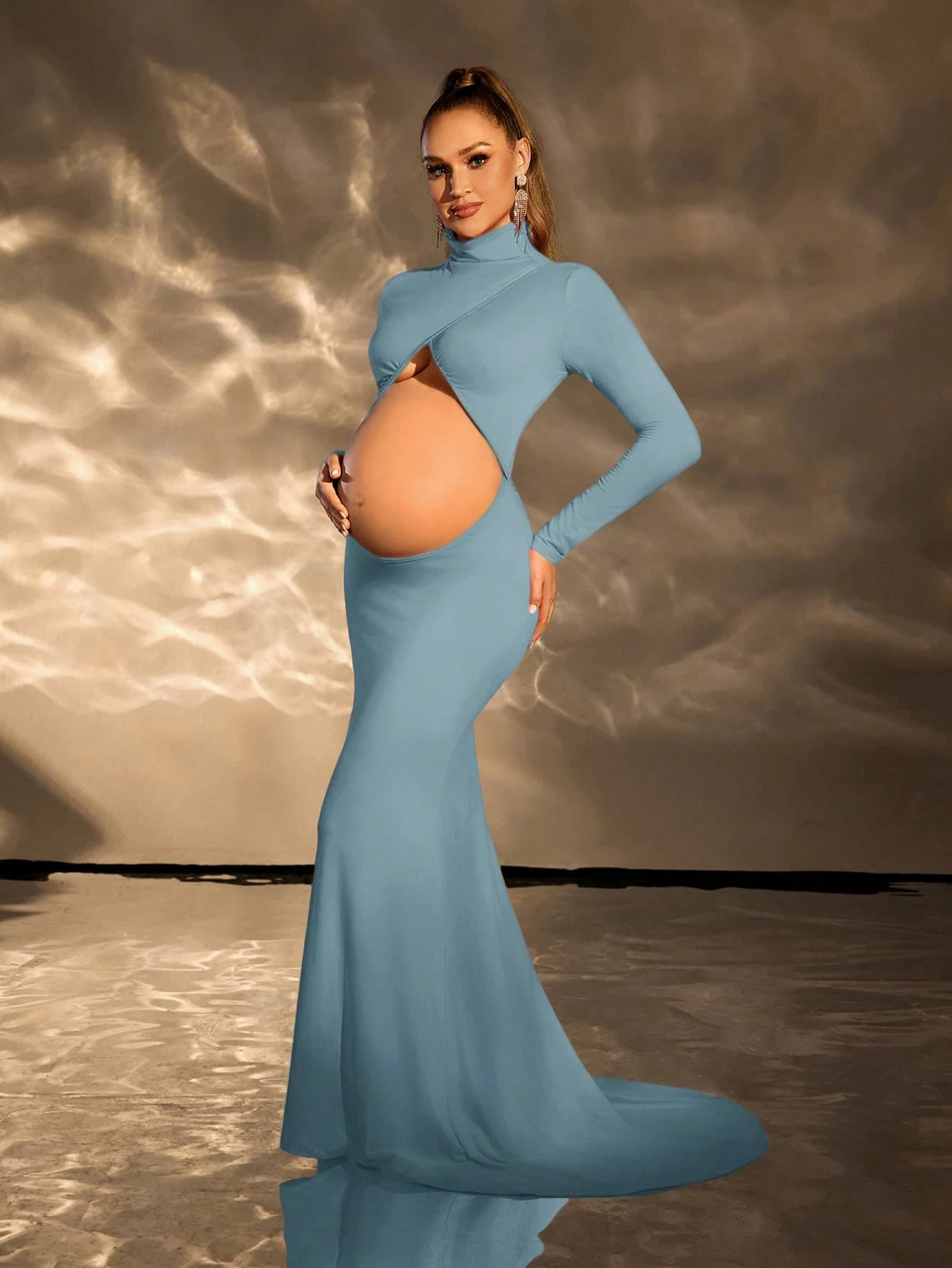 Cheriluna Maternity Maternity Solid Color High Neck Long Sleeve Hollow Out Formal Dress For Maternity Photoshoot