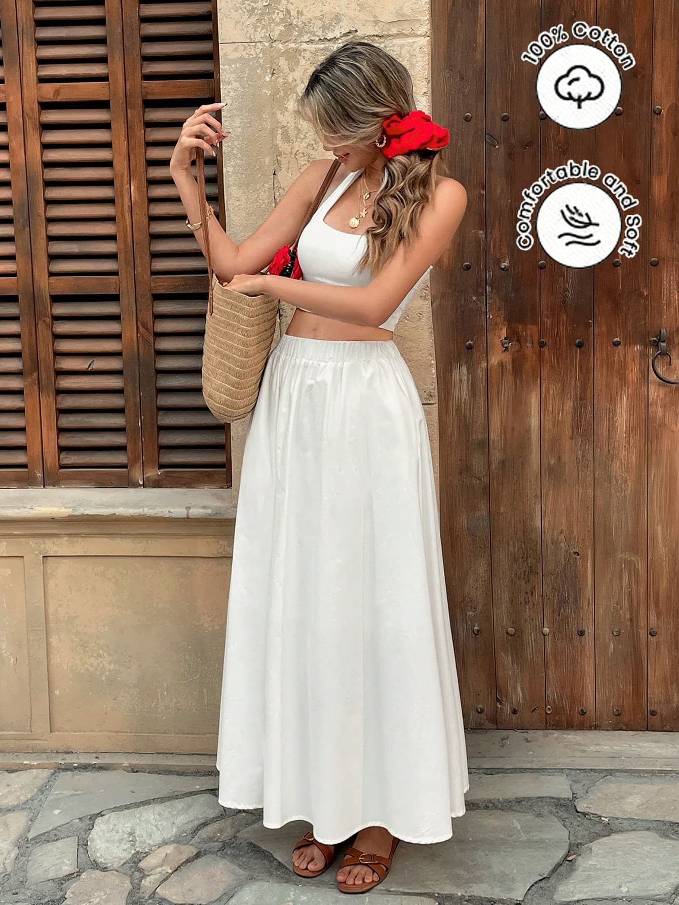 Pariaura Elastic Waist High Waist Solid Color Skater Skirt, Versatile & Slimming A-Line Skirt Fall Cloth For Women
