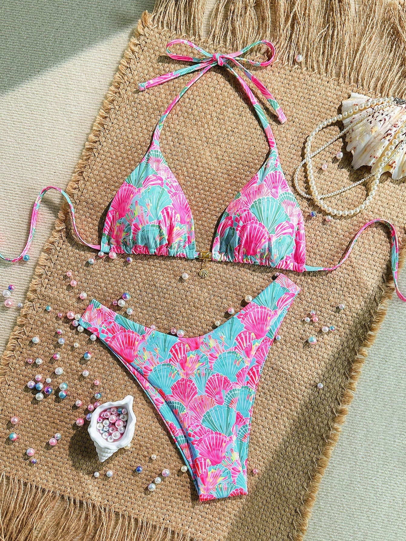 Swim Mod Summer 2 Pieces Outfits For Women - Spaghetti Strap Random Print Top And High Cut Swim Bottoms, Beach Holiday Bikini Set Pink Sexy Tropical