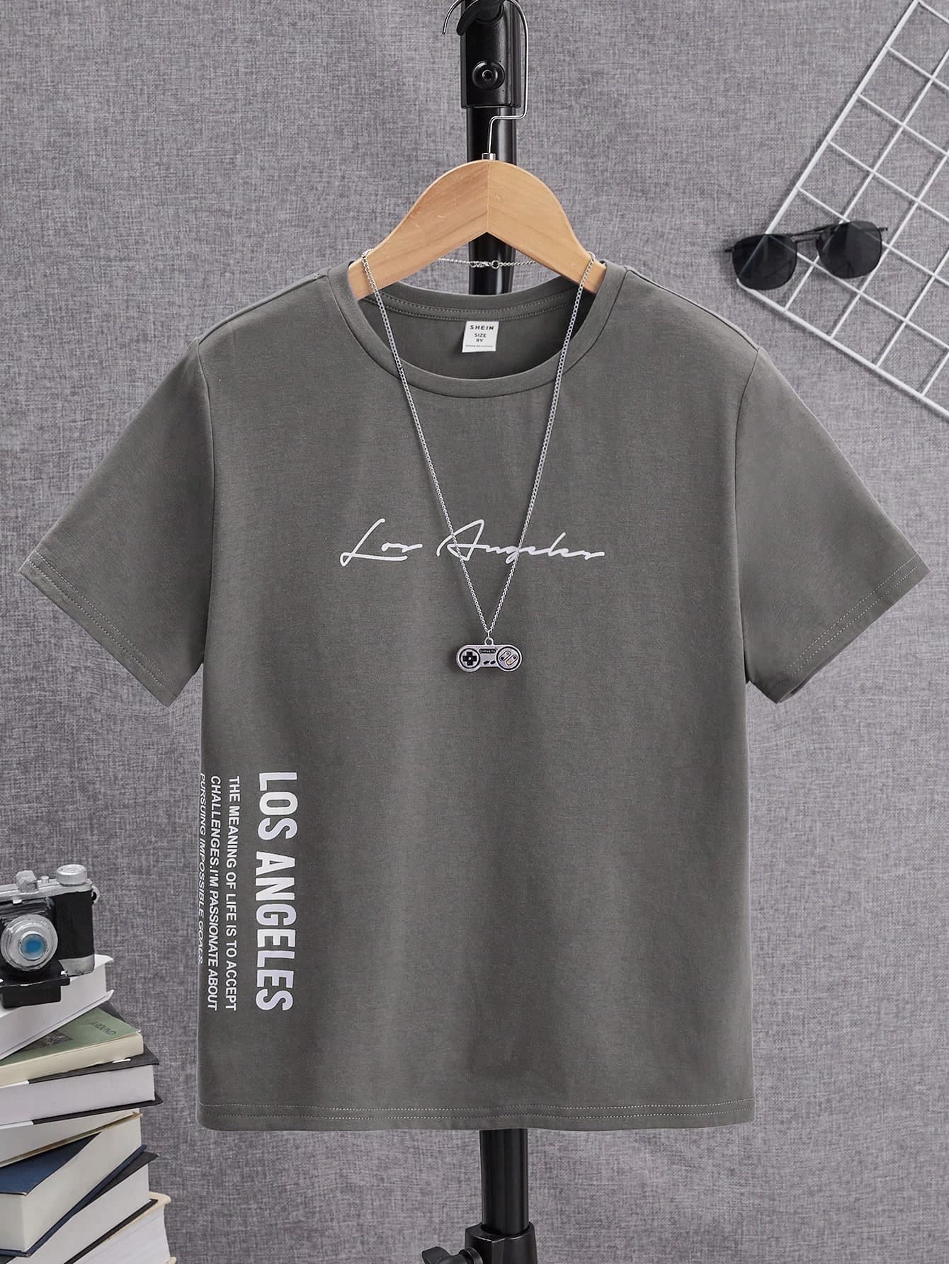 SHEIN Tween Boy Casual Letter Printed Round Neck Pullover Short Sleeve T-Shirt For Summer