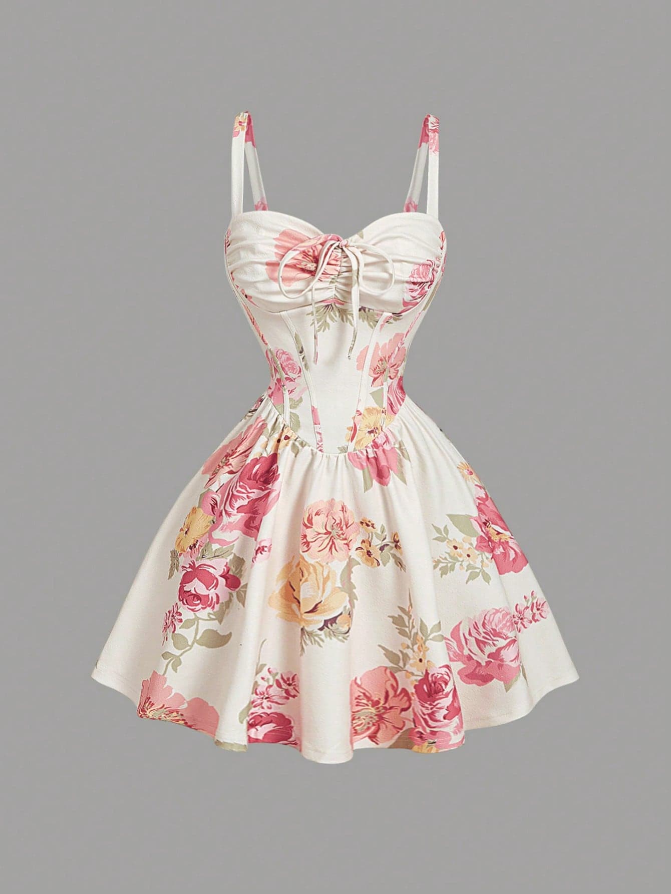 SHEIN MOD White Floral,Summer,Cottage Core,Tea Party Ruched Waist Fit & Flare Midi Dress With Bow Decor, Cute Pink Floral Valentine Outfits For Women