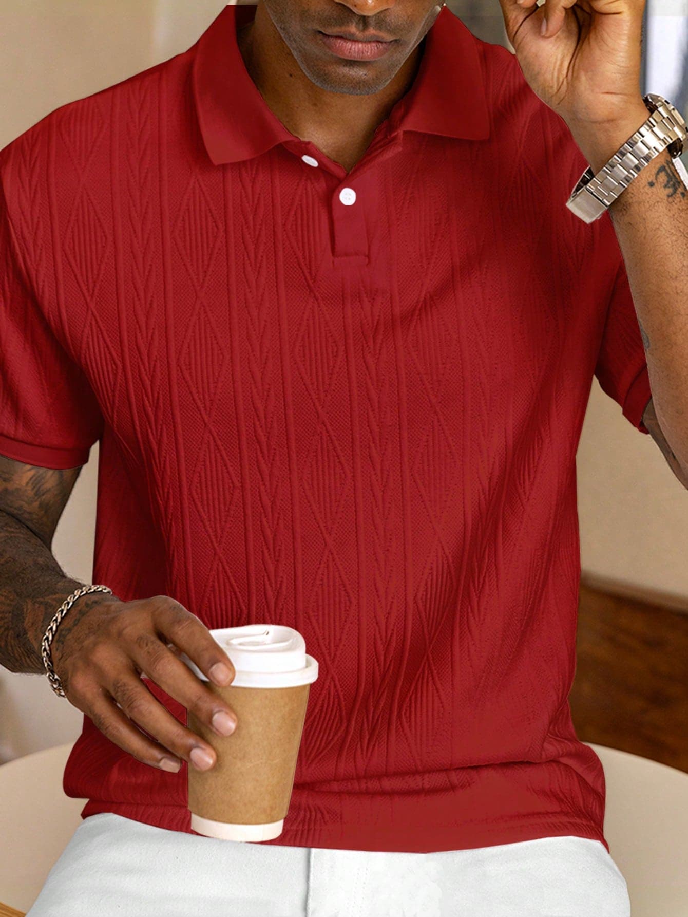 Manfinity Homme Men's Textured Design Short Sleeve Casual Commuting Polo Shirt, Formal