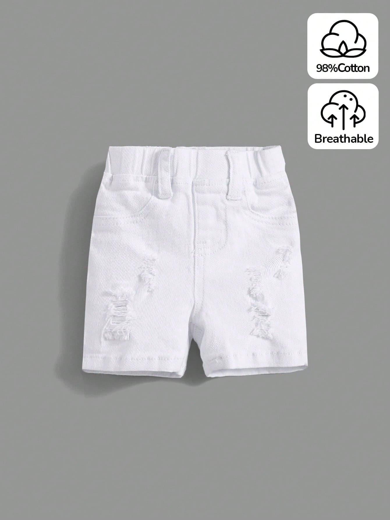 SHEIN Baby Boy Ripped Frayed Pocket Patched White Denim Shorts,For Spring And Summer