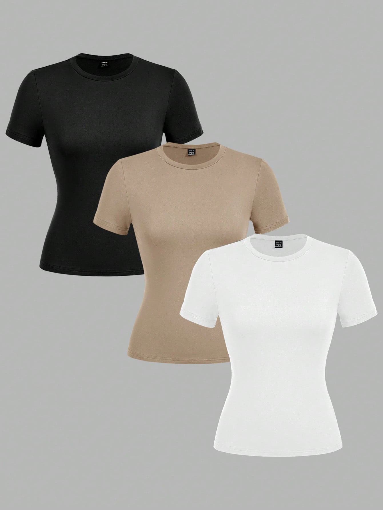 SHEIN EZwear 3pcs/Set Women Crew Neck Casual Fitted Long Sleeve T-Shirt Set, Black/White/Khaki, Suitable For Summer