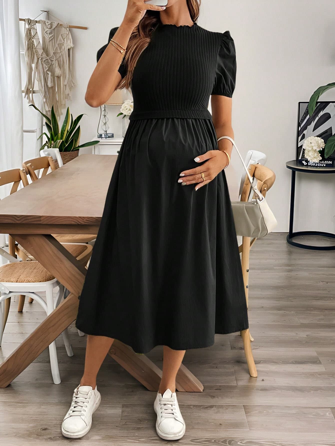 SHEIN Puff Sleeve Fitted Maternity Dress, Elegant Dress