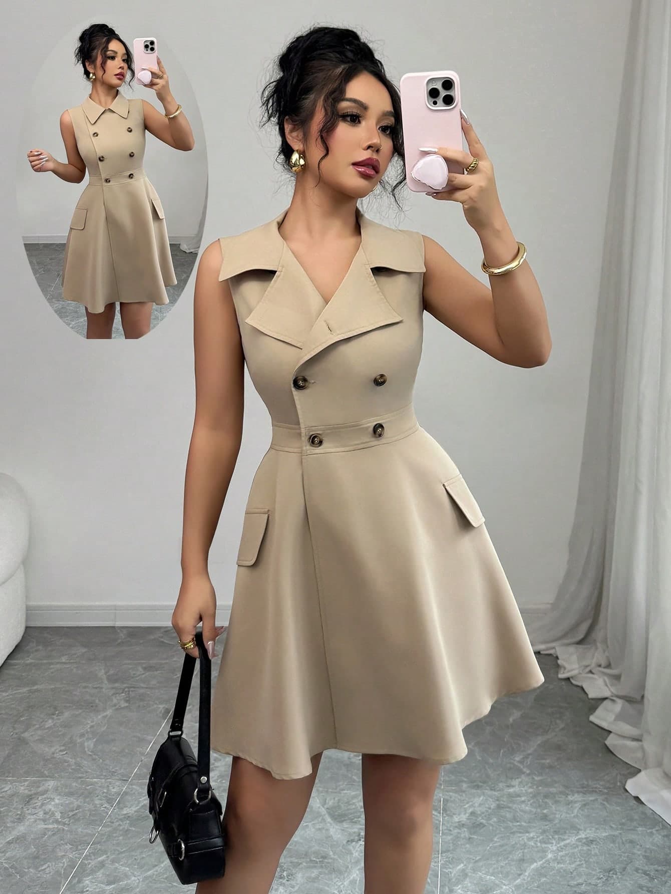 Elenzga Women's Elegant French Style Solid Color Shirt Collar Double Button Waist A-Line Fake Pocket Decor Sleeveless Casual Vacation Mini Dress