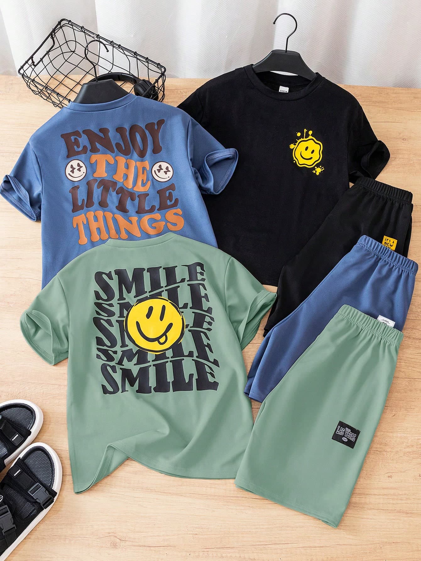 SHEIN 6pcs/Set Young Boy Face Print Round Neck Short Sleeve T-Shirt And Shorts, Casual Daily Wear