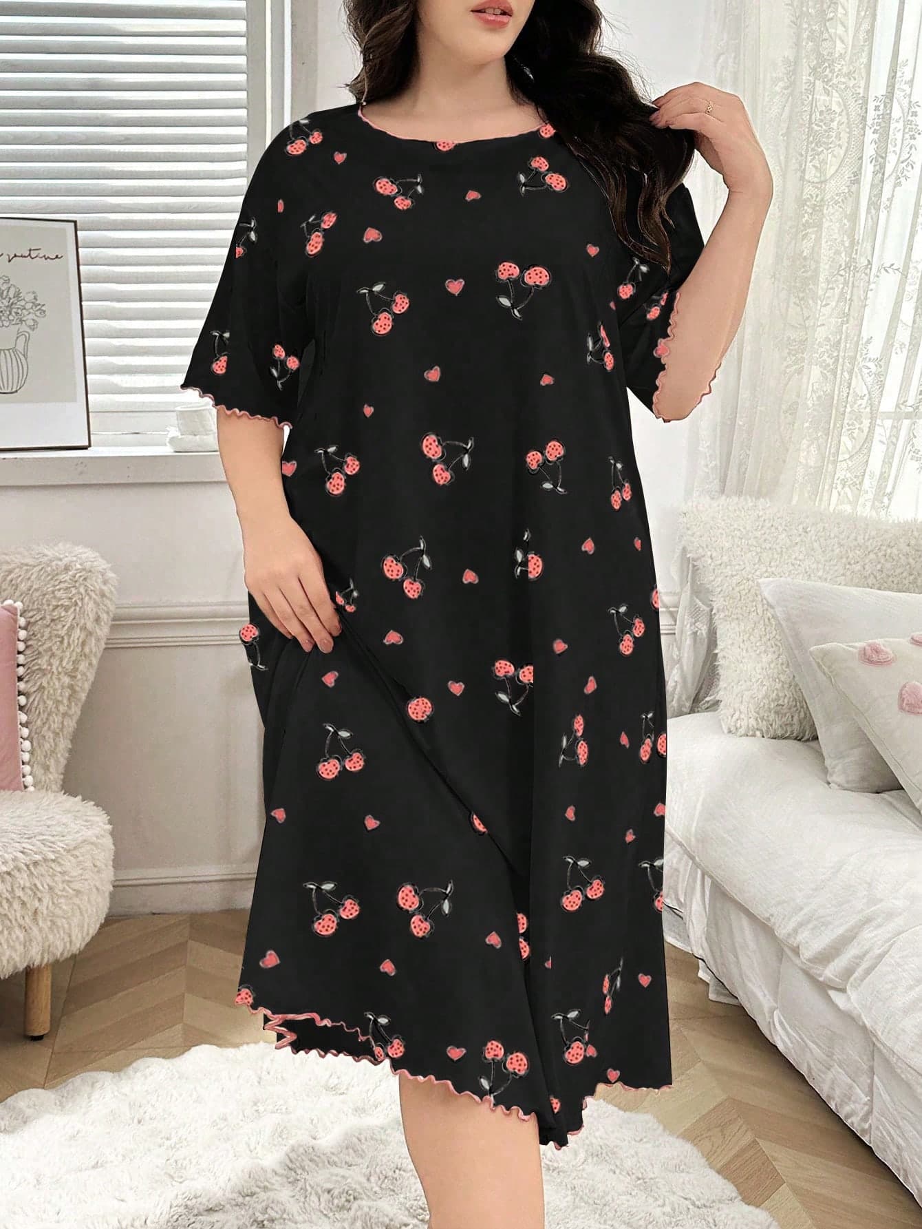 Napfluff CURVE Napfluff CURVE Plus Size Women Cherry Print Round Neck Short Sleeve Nightgown, Moo Moo Sleep Dress