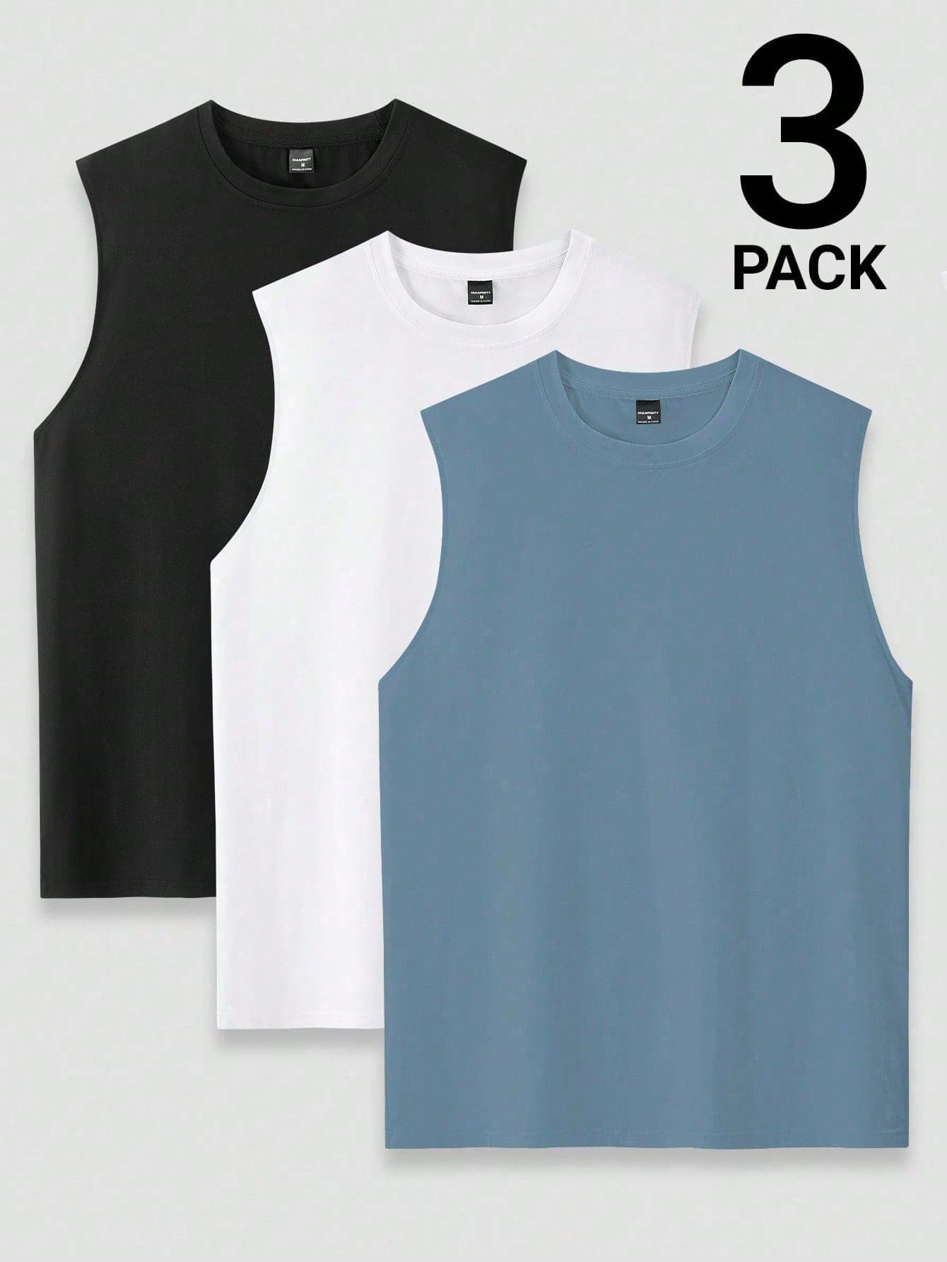 Manfinity Homme 3pcs Men's Summer Solid Color Round Neck Casual Tank Top, Holiday