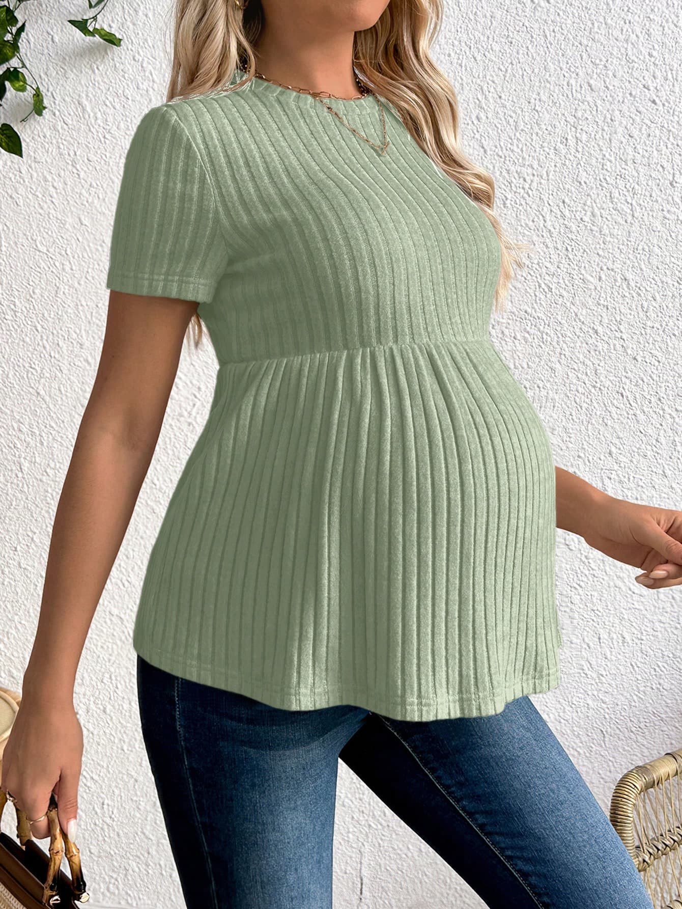SHEIN Maternity Round Neck Short Sleeve Ruffle Hem Ribbed Casual T-Shirt Green Fall