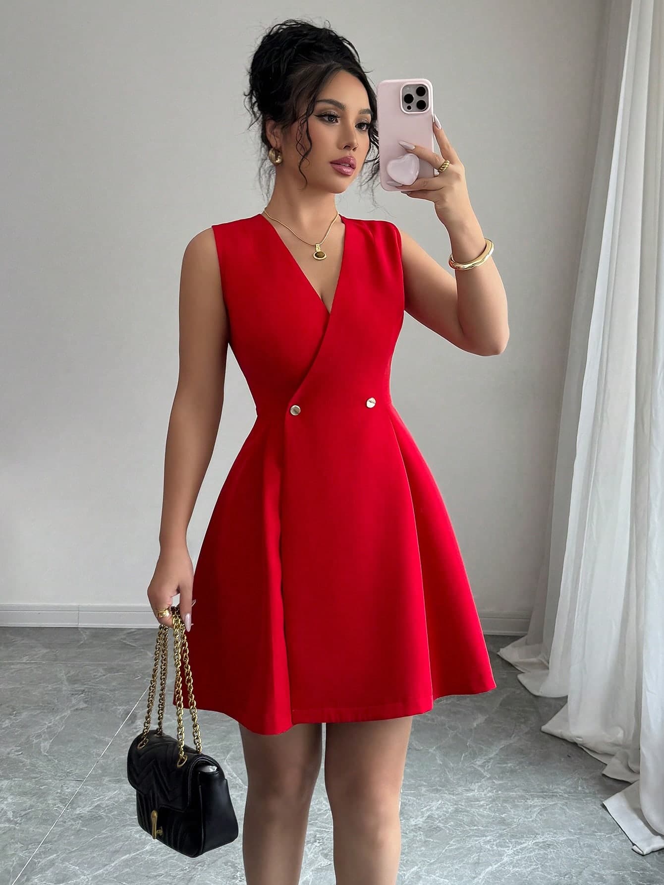 Elenzga Women's Spring & Summer French Chic Elegant Casual/Vacation/Commute Solid Color Cross V-Neck Sleeveless A-Line Short Red Dress With Gold Metal Buttons