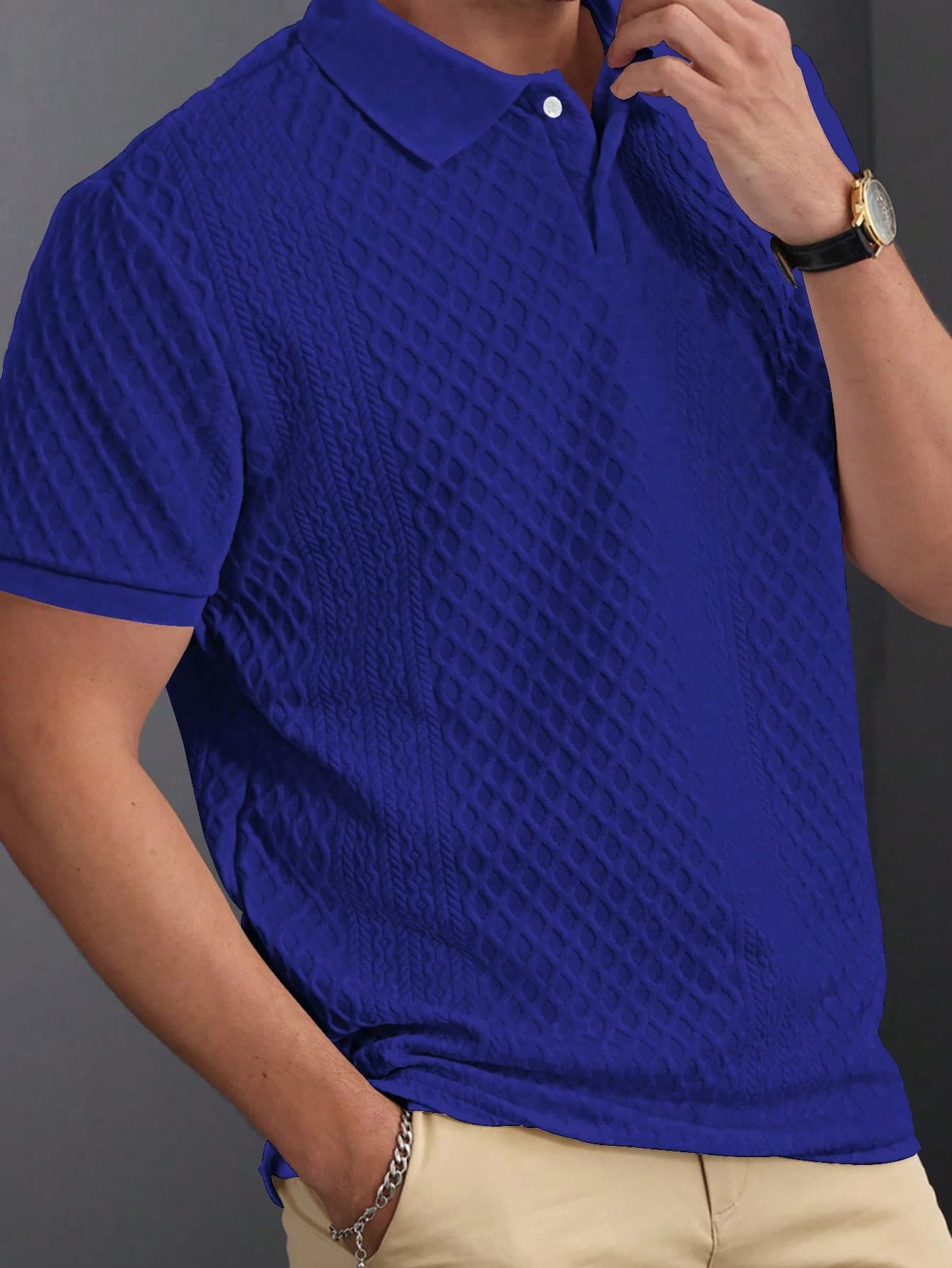 Manfinity Homme Men's Royal Blue Summer Casual Golf Polo Shirt,Short-Sleeve Geometric Texture Jacquard Knit Buttoned Plackets,Hawaiian Beach Vacation Music Festival