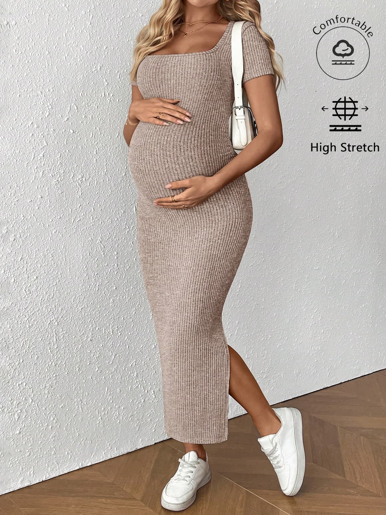 SHEIN Pregnant Women's Summer Casual Solid Color Slit Fitted Dress Maternity Dress