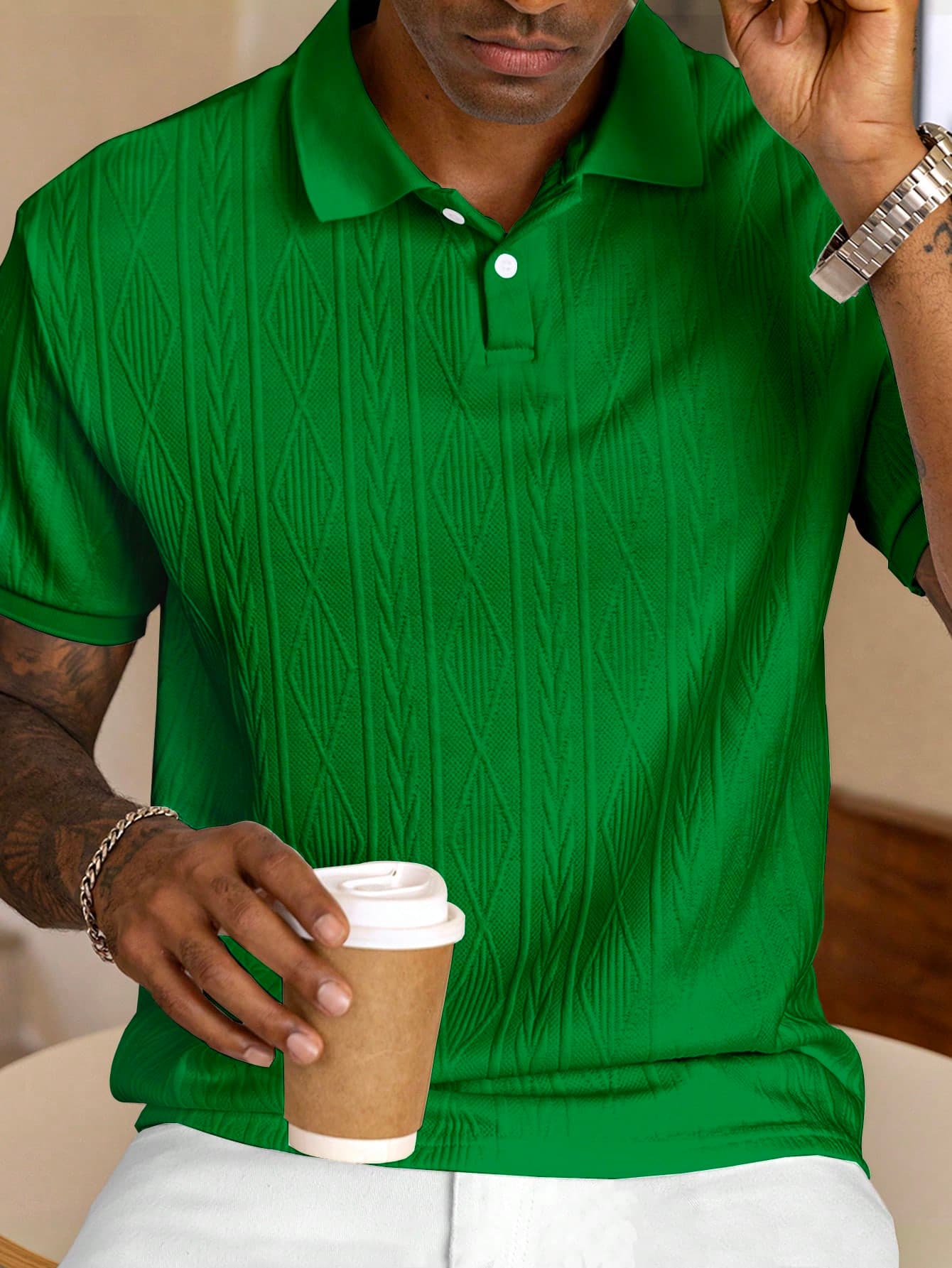Manfinity Homme Men's Casual Solid Color Textured Short Sleeve Polo Shirt, Spring/Summer