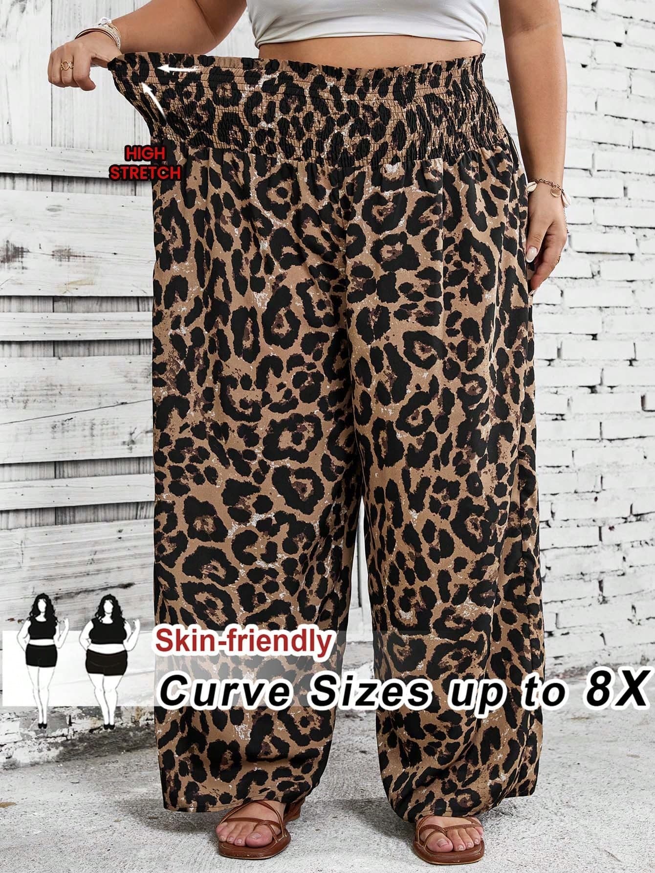SHEIN CURVE+ Plus Size Floral Leopard Print High Waist Palazzo Pants, Suitable For Summer, Beach Vacation, Music Festival Chocolate Brown Boho
