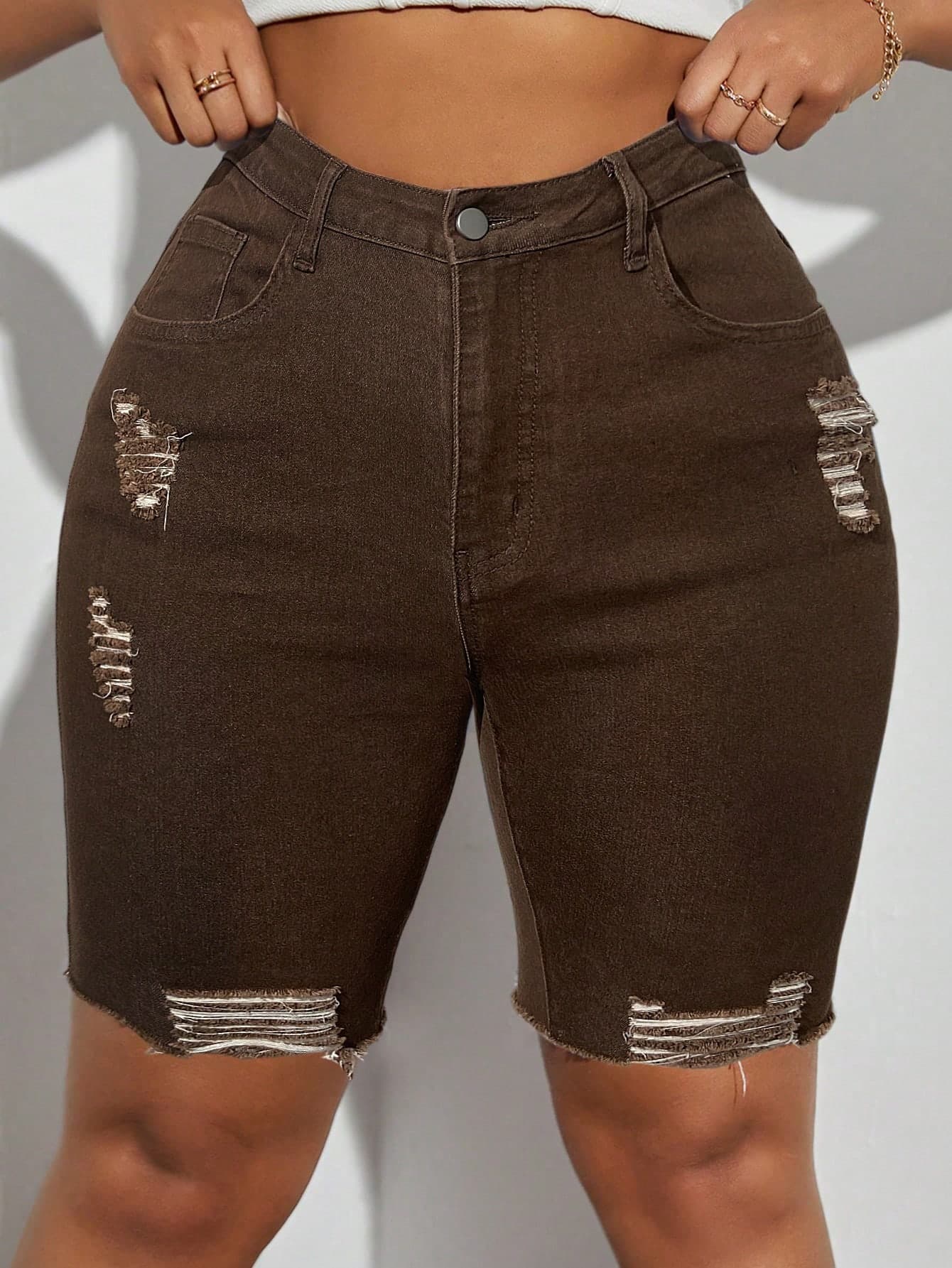 Slaydiva Plus Size Distressed Stylish Versatile Denim Shorts Autumn For Women Festival Casual Biker Shorts