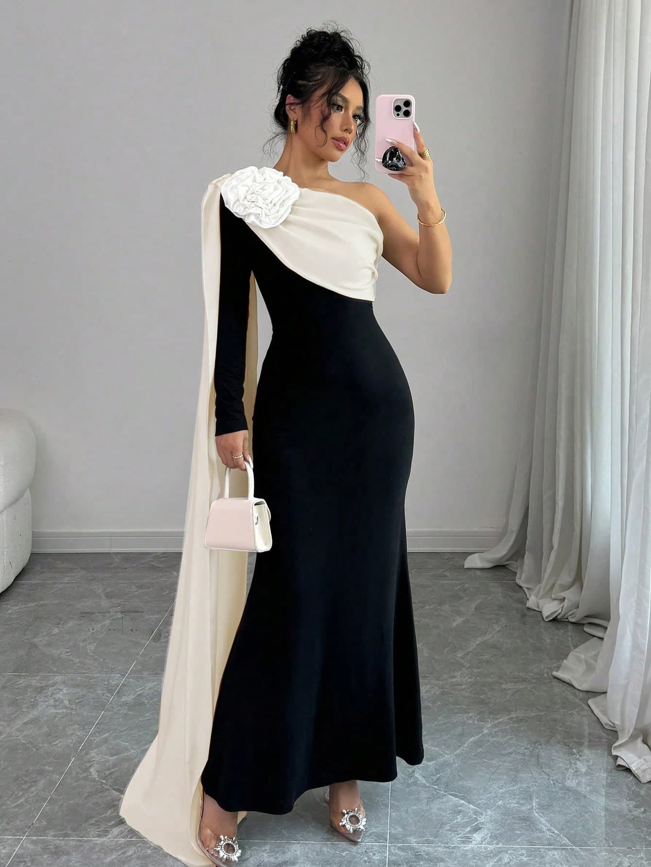 Lyxana Women Dress With Asymmetrical Open Shoulder & 3D Floral Design Maxi Women Outfit