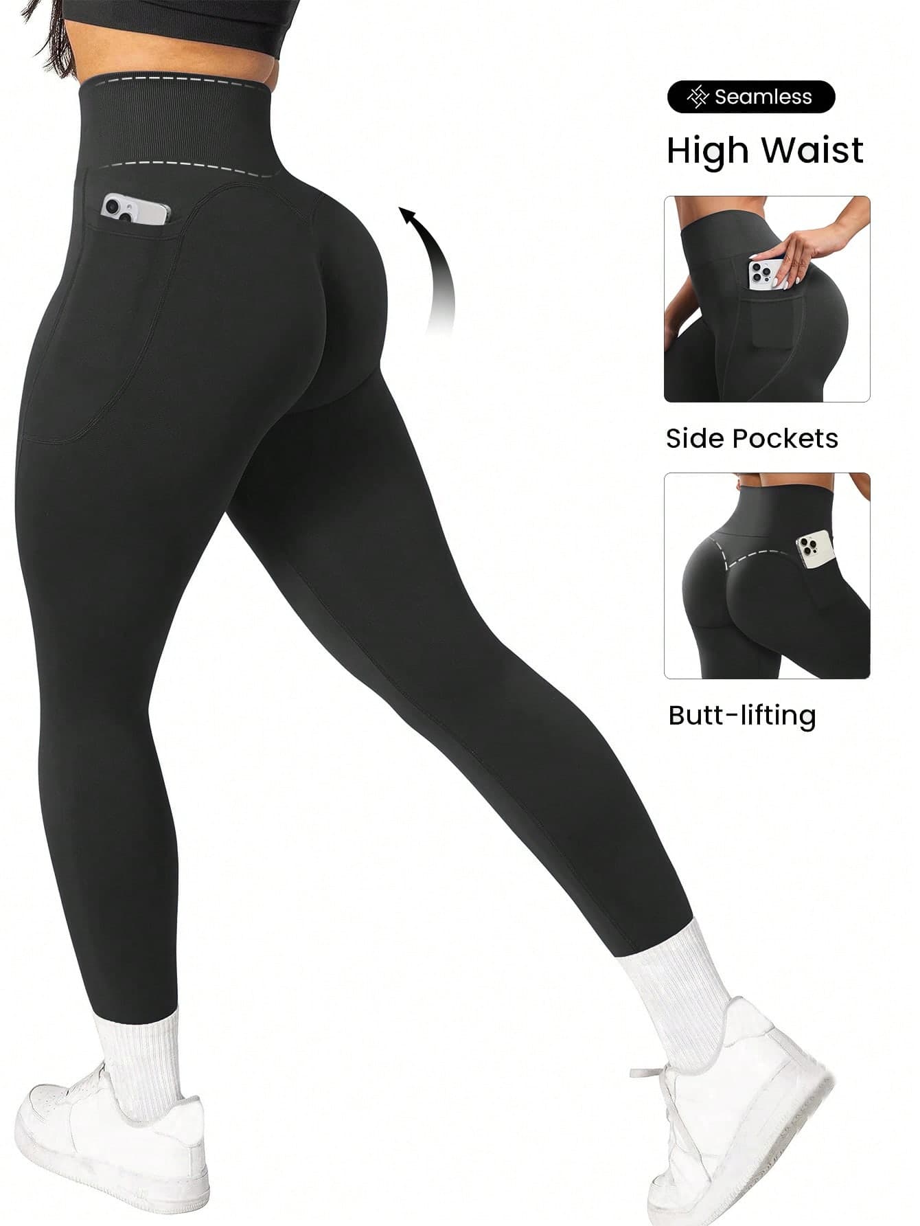 Easithlete Easithlete Women's High Waisted Seamless Slim Leggings With 2 Side Pockets,V Peach Shaped -Lifting No Front Seam Legging For Yoga Running Cycling Workout