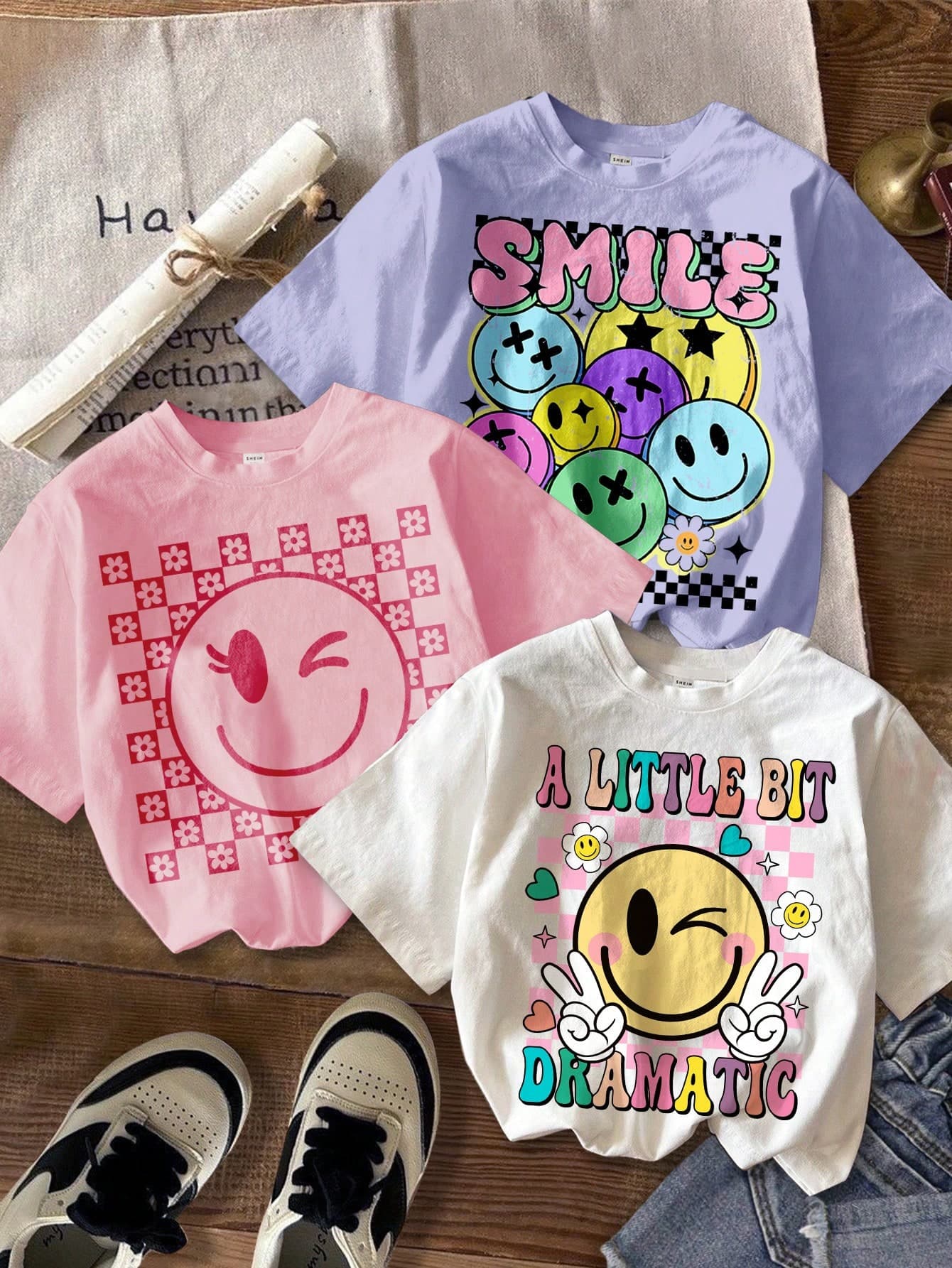 SHEIN 3pcs/Set Young Girl Casual Cute Smiling Face Graphic, Macaron Colors White/Pink/Purple, Cartoon Short Sleeve T-Shirts, Suitable For Summer