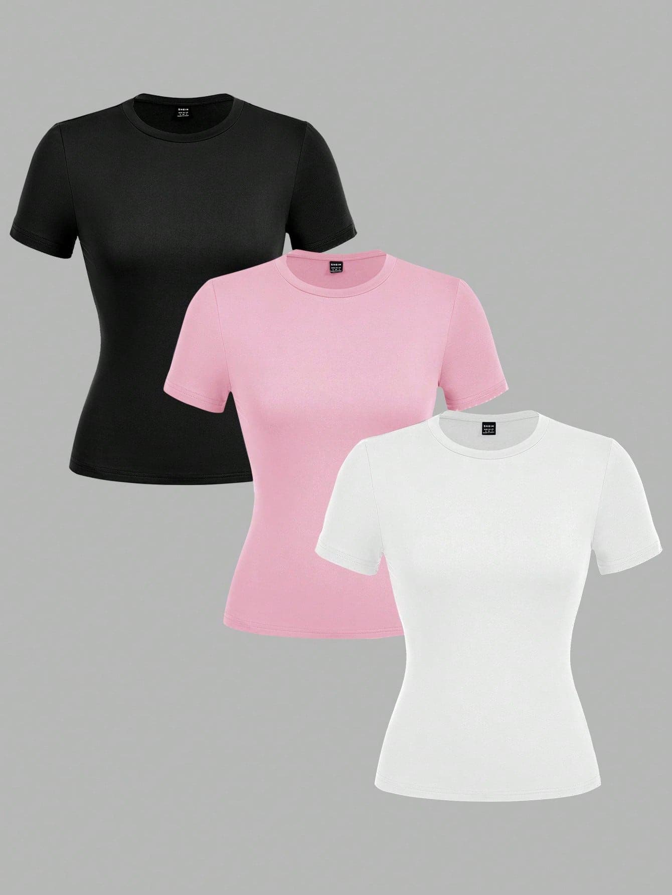 SHEIN EZwear 3pcs/Set Women Black, White, Pink Crew Neck Casual Skinny Long T-Shirt Set, Suitable For Summer