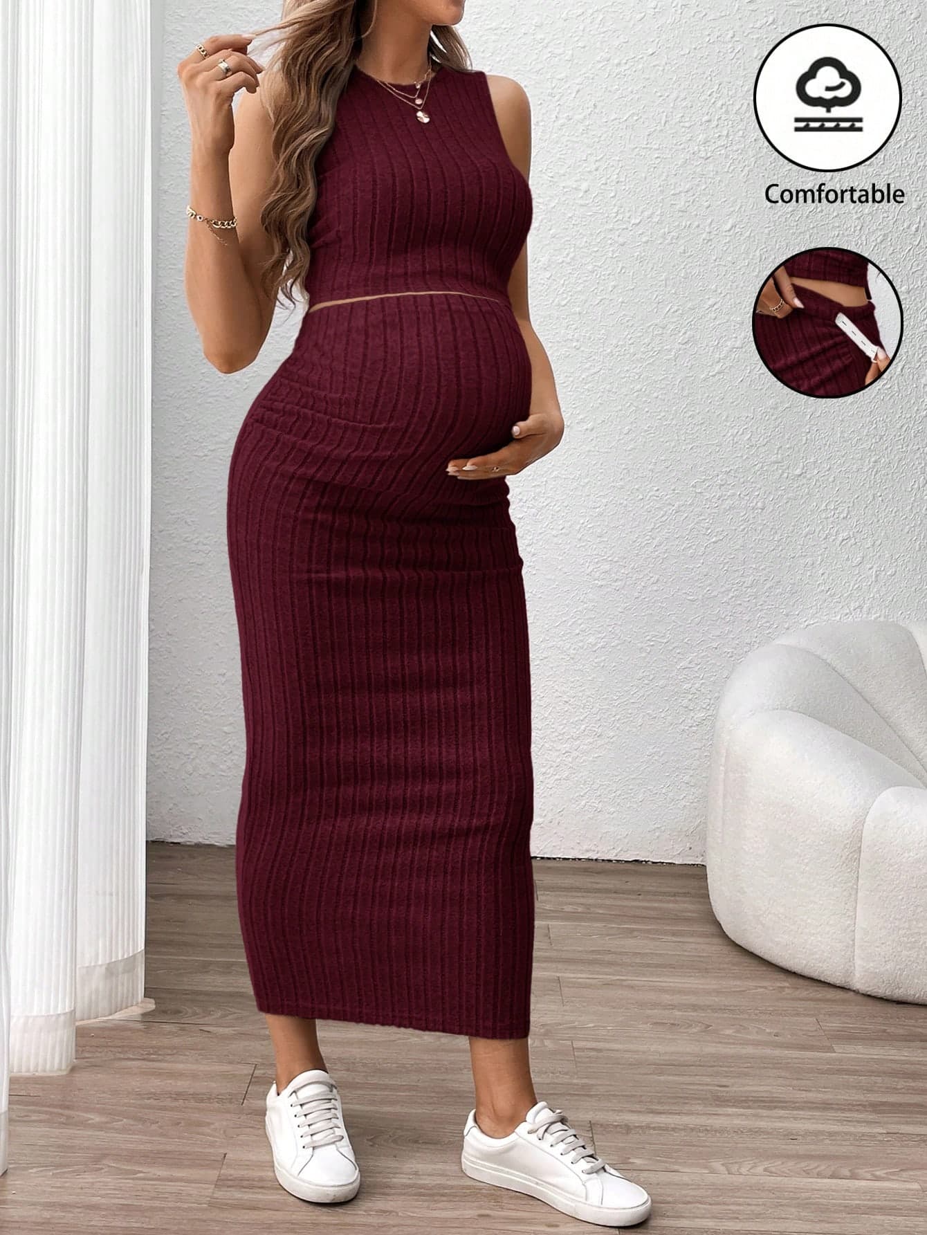 SHEIN 2 Pieces Ribbed Maternity Tank Top And Skirt Set, Solid Color, Summer Burgundy
