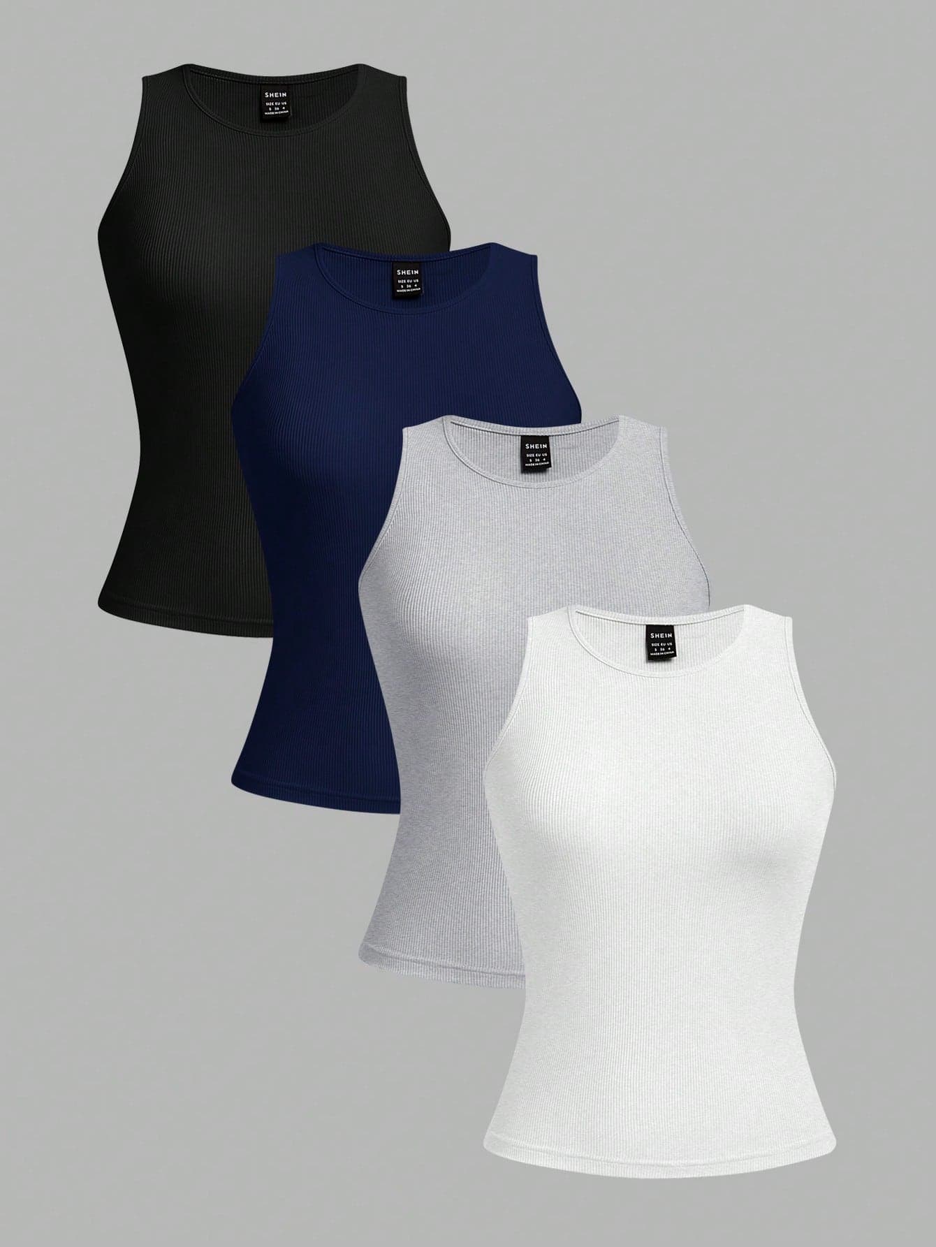 SHEIN EZwear 4pcs/Set Women's Sexy Cropped Tight Tank Tops In Black, Navy, Floral Gray & White, Suitable For Summer Back To School