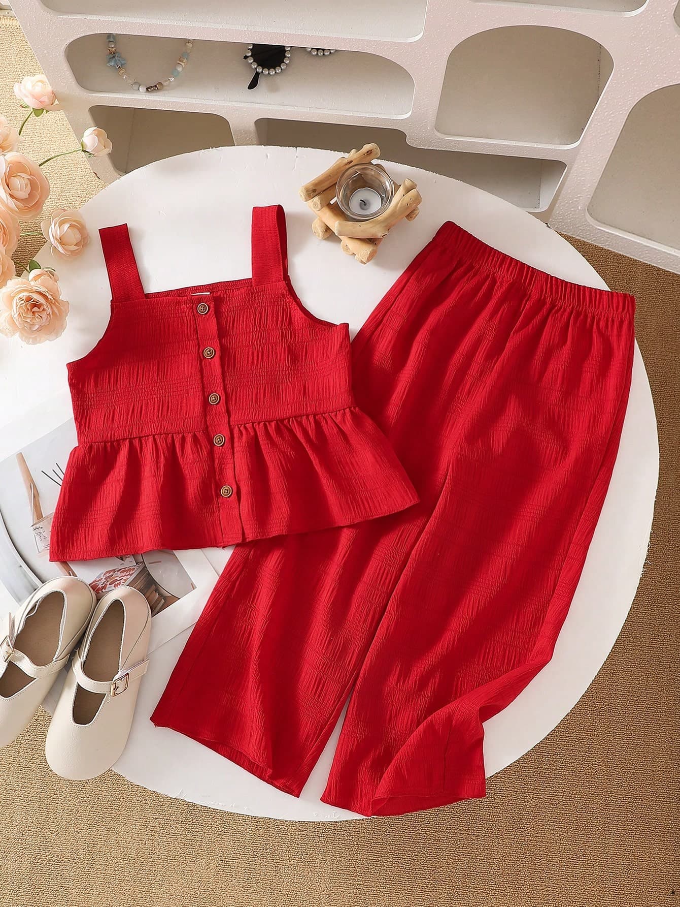 SHEIN Genkimix Kids 2pcs/Set Young Girl Casual Textured Fabric Camisole And Wide Leg Pants Set