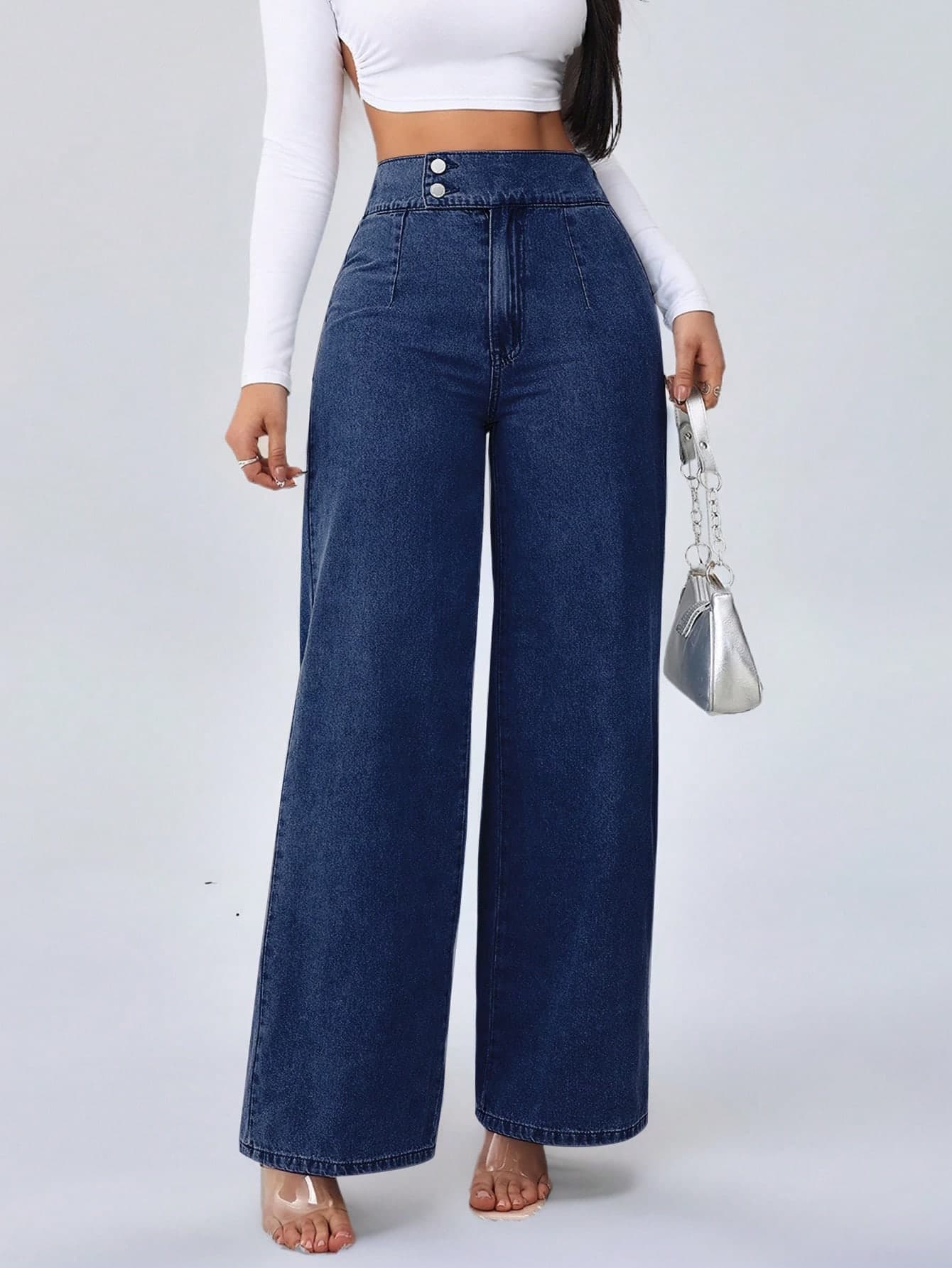 SHEIN Tall Women's Jeans High Waist Casual Loose Wide Leg Trousers Blue Style Straight Pants Tall Women's Jeans