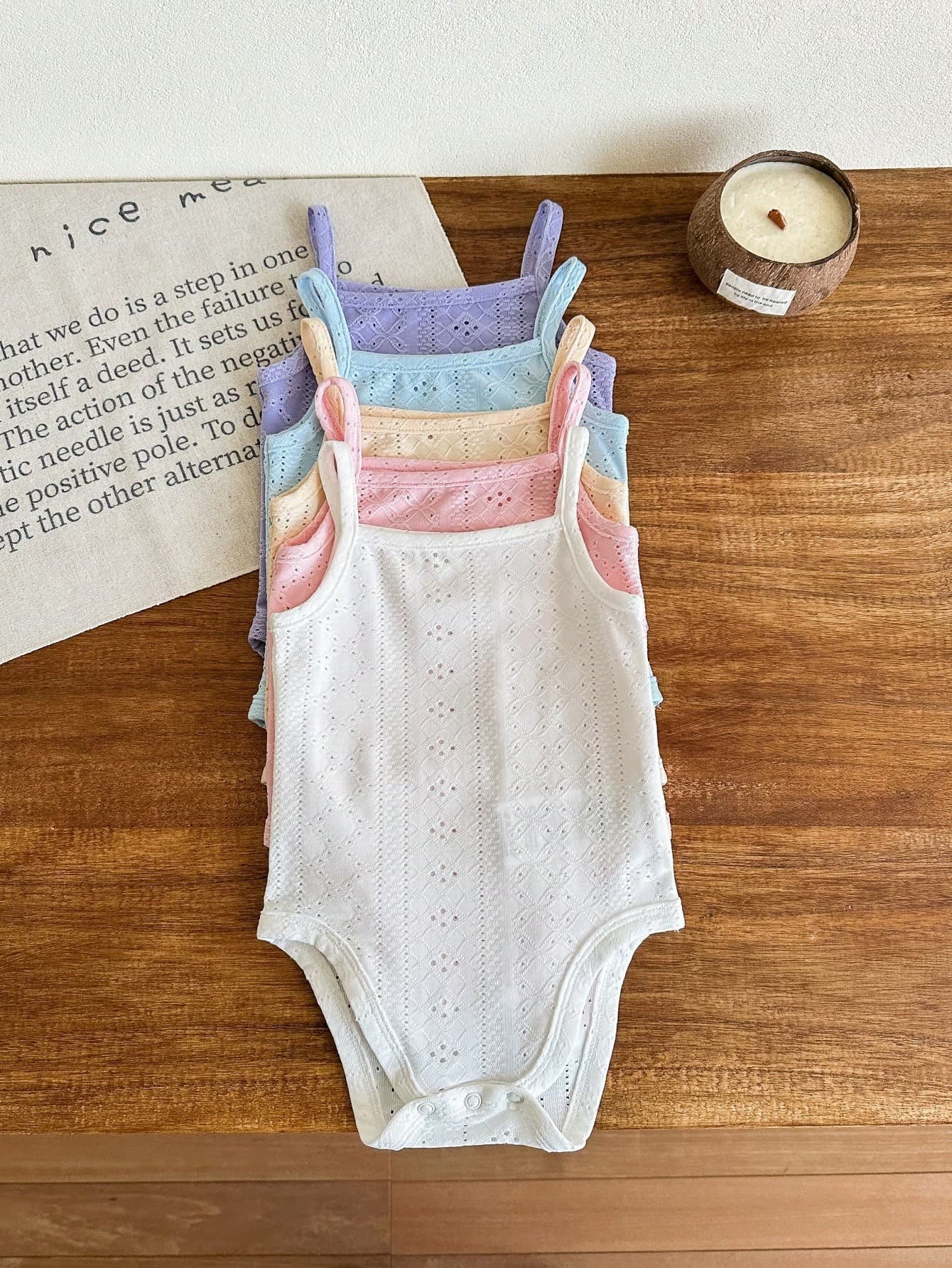 SHEIN LMoss Kids 5Pcs Set Newborn Baby Girl Cute Knitted Solid Color Suspender Bodysuits For Summer