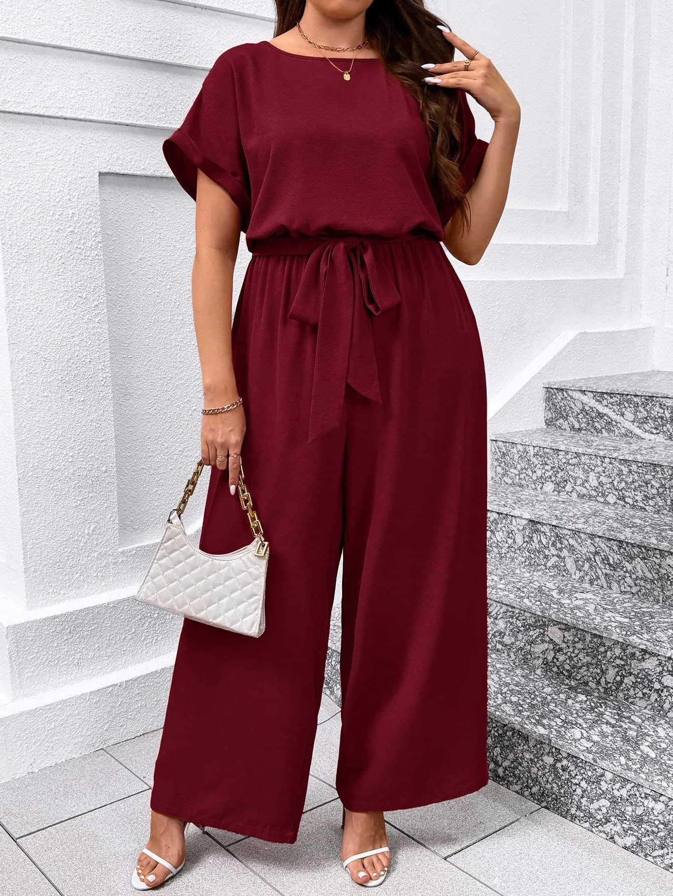 SHEIN Clasi Plus Size Elegant Scoop Neck Romper With Waist Belt And Wide Leg Plus Size Christmas Burgundy