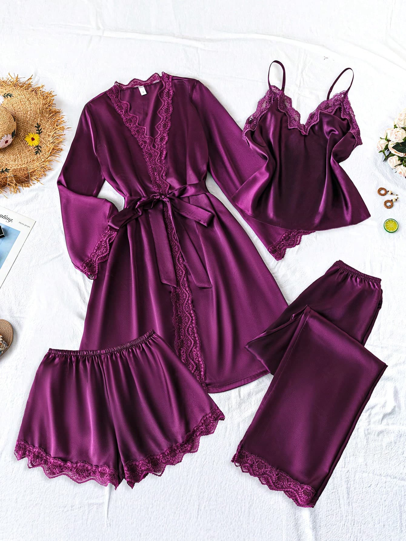 SilkySpell 4pcs Lace Patchwork Faux Silk Camisole Top , Shorts, Long Pants, Belted Robe Pajama Set, Fall Winter Clothes