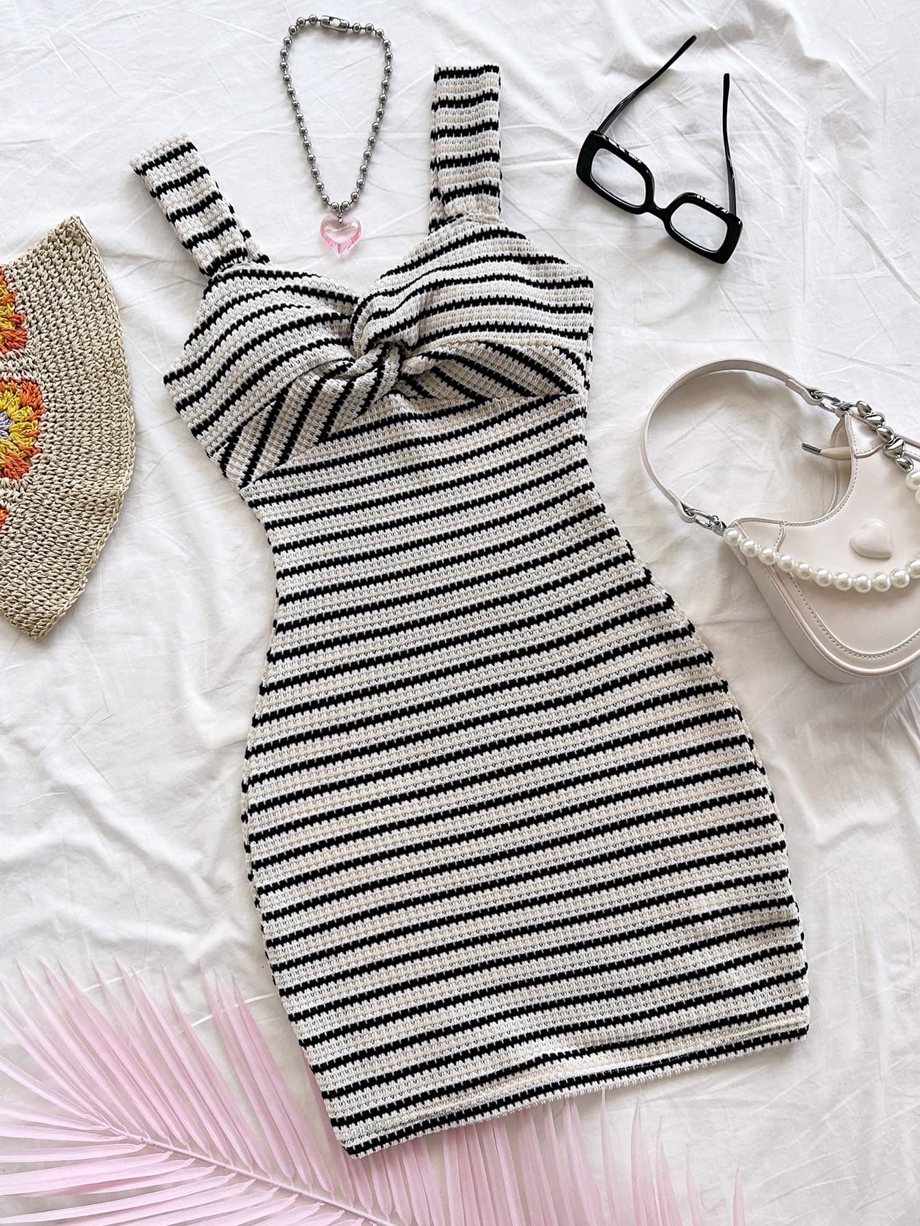 Soleia Women's Black And White Checkered Knit Striped Twist Mini Dress,Summer Casual Holiday Vacation Beach Wedding Guest Graduation Boho Elegant Outfit