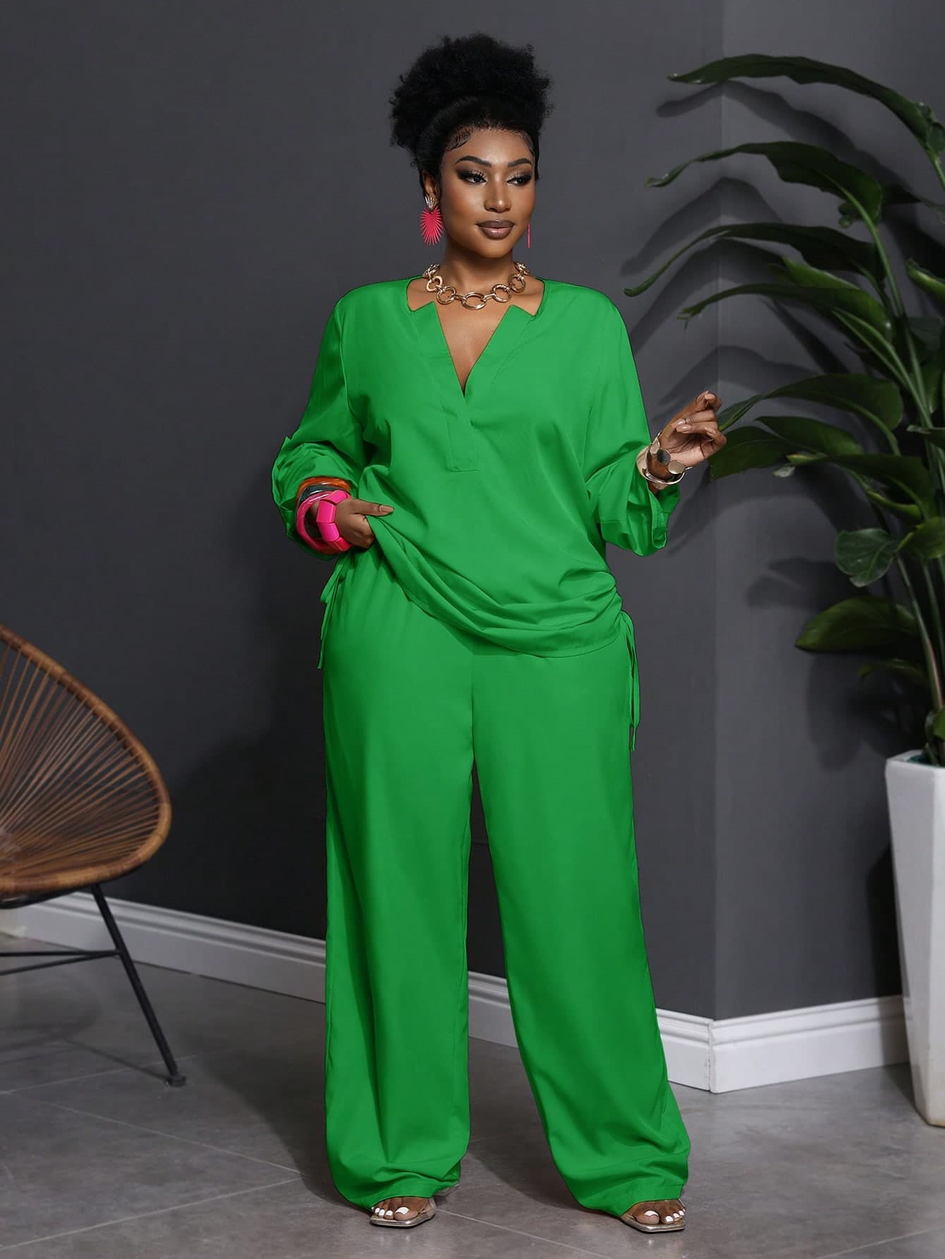 Slaydiva Plus Size Women Western Business Casual Style Solid Color Keyhole Neckline Long Sleeve Jumpsuit Christmas Mint Green Vacation Autumn Fall