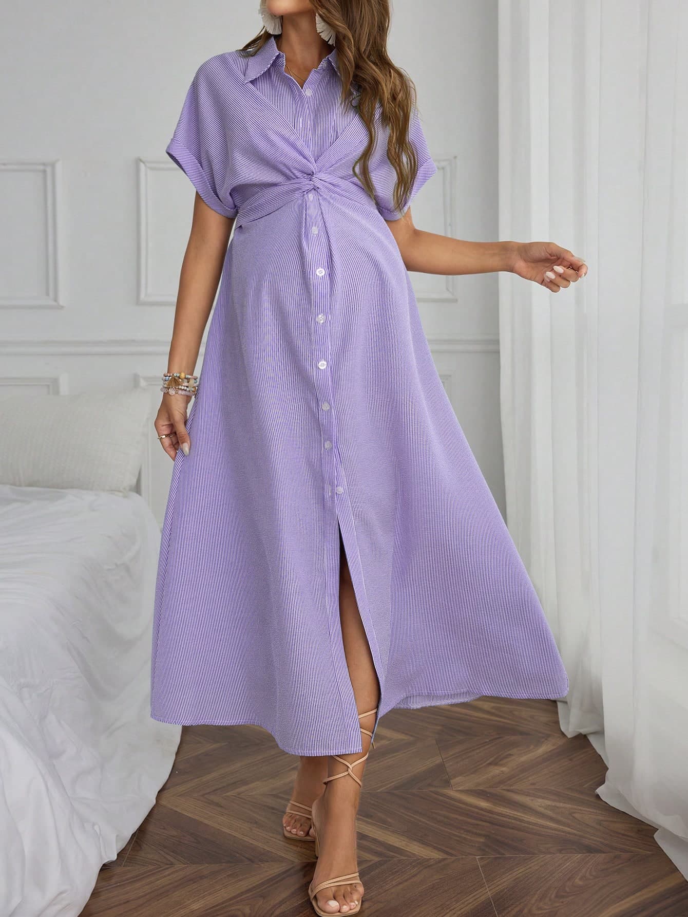 SHEIN Maternity Solid Color Front Button Twist Design Split Short Sleeve Dress
