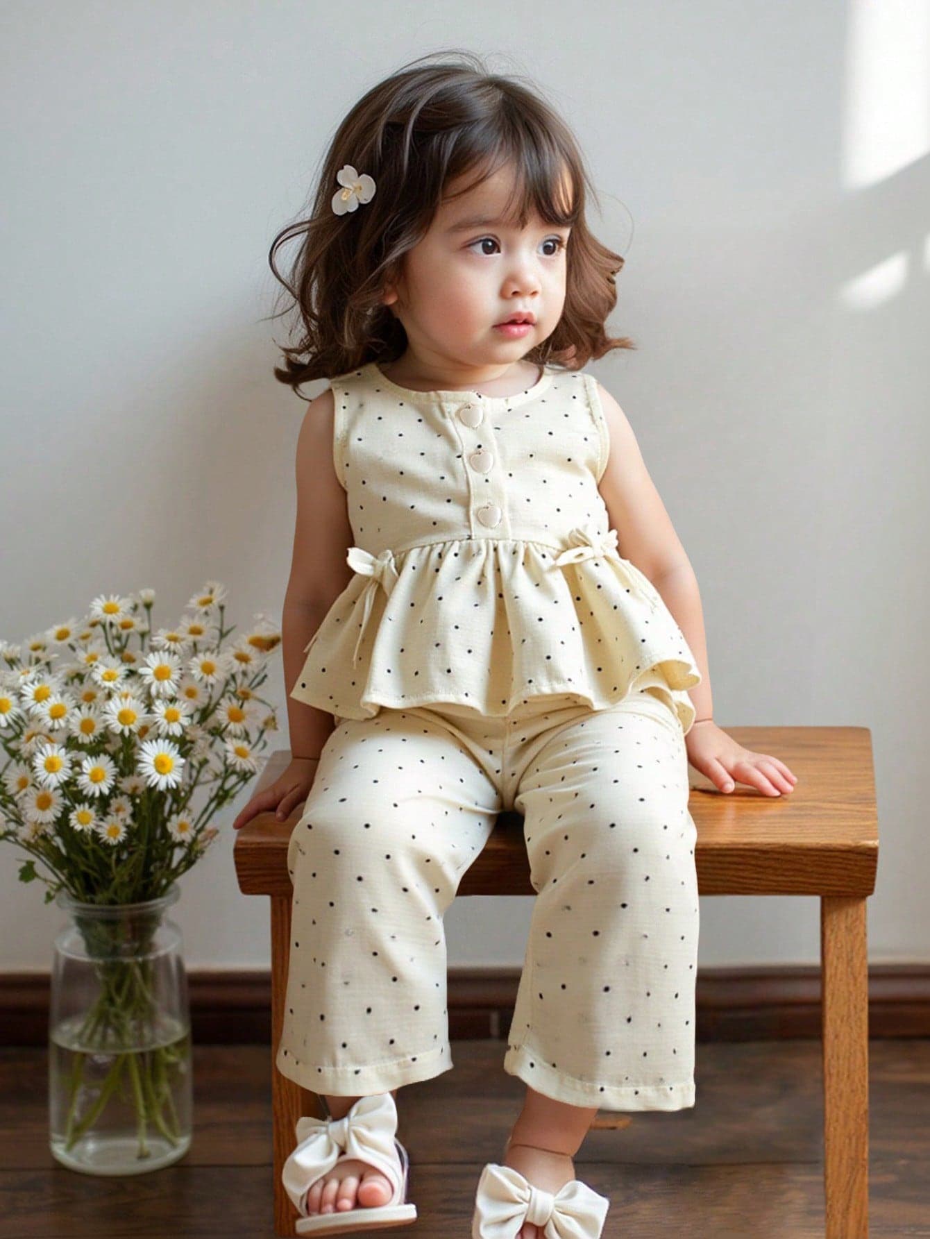 SHEIN LMoss Kids Babygirl Casual Cute Summer Polka Dot Sleeveless Top And Elastic Waist Pants Set