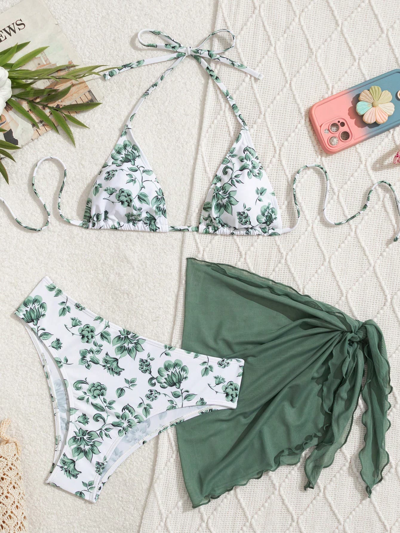Swim Mod Women's Floral Print Halter Tie Bikini Set With Cover-Up Sarong Skirt, 3pcs Summer Beach Swimwear Set