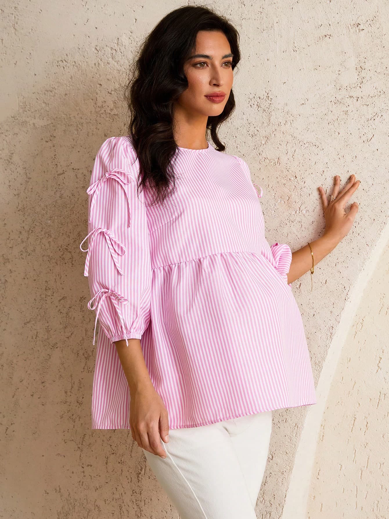 MaterniWear Maternity Work ClothesPregnant Women Summer Casual Striped Bowknot Blouse Fall
