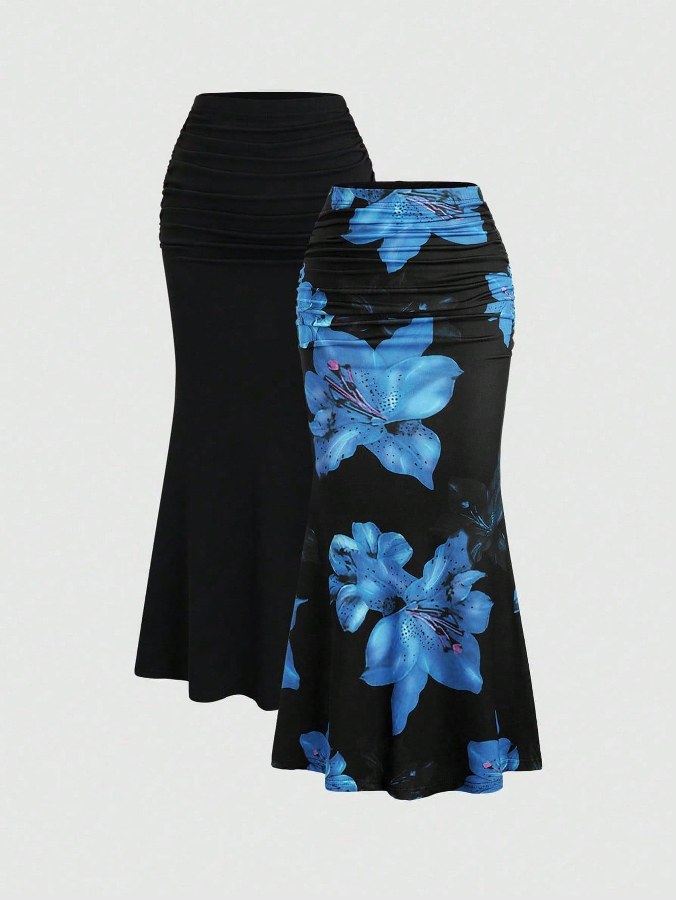 Sweetra 2pcs/Set Elegant Party Women Solid Color Mermaid Skirt And Floral Print Skirt Fall Cloth For Women