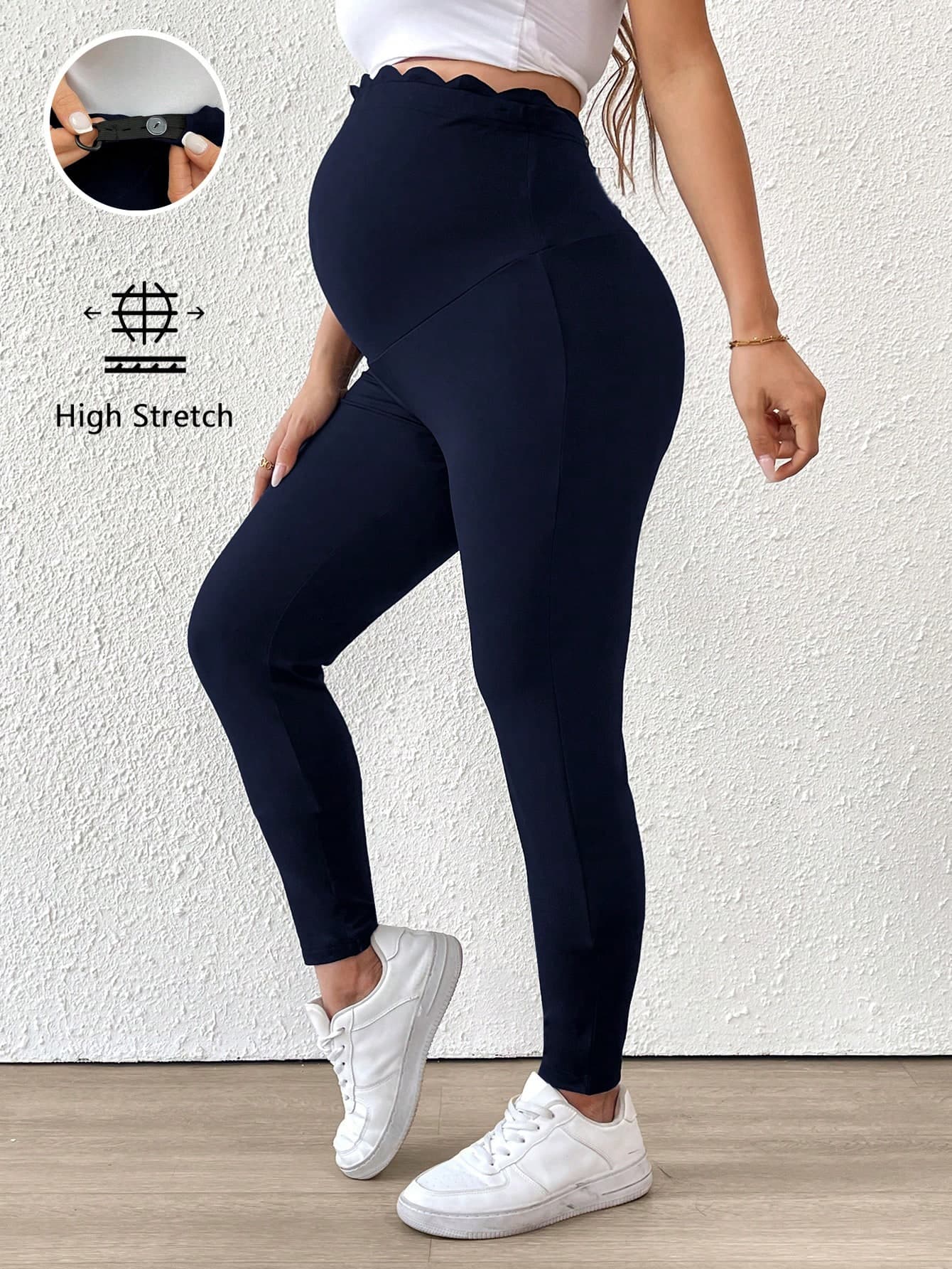 SHEIN Adjustable Waist Maternity Leggings, Minimalist & Fashionable, Suitable For Summer Navy Blue World Cup
