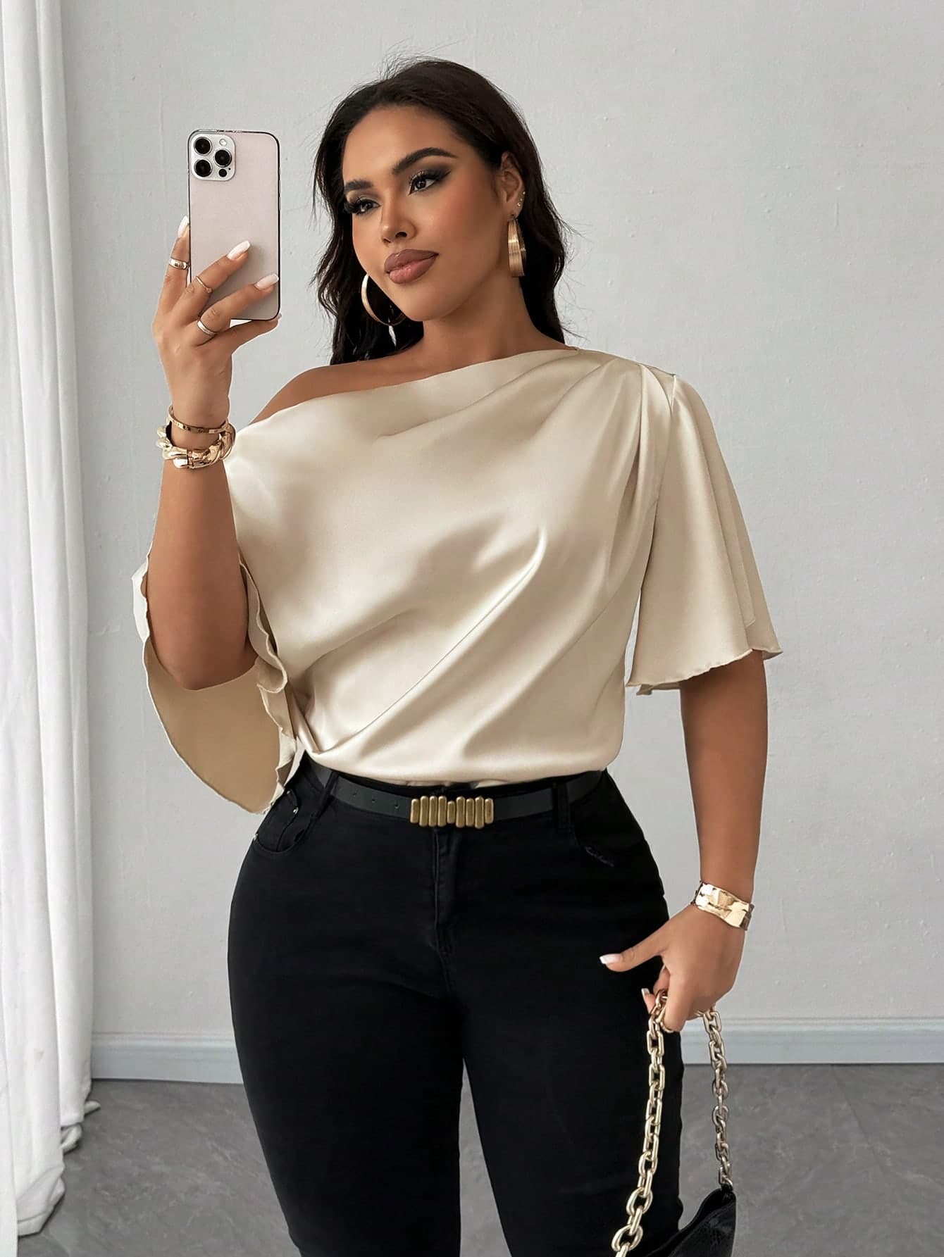 Maweii Plus Size Women Summer Asymmetrical Shoulder Ruffle Trim Short Sleeve Blouse, Autumn Elegant Night Out Club Casual Apricot Blouse Holiday
